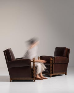 1930-1939 France Deep Espresso Brown Pair Of Leather Club Chairs