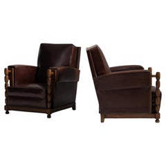 1930-1939 France Deep Espresso Brown Pair Of Leather Club Chairs