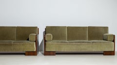1930-1939 France Deep Olive Green Pair Of Upholstered Sofas
