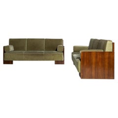 1930-1939 France Deep Olive Green Pair Of Upholstered Sofas