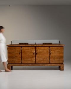 1930-1939 Germany Rich Walnut Brown Glass-Top Walnut Sideboard