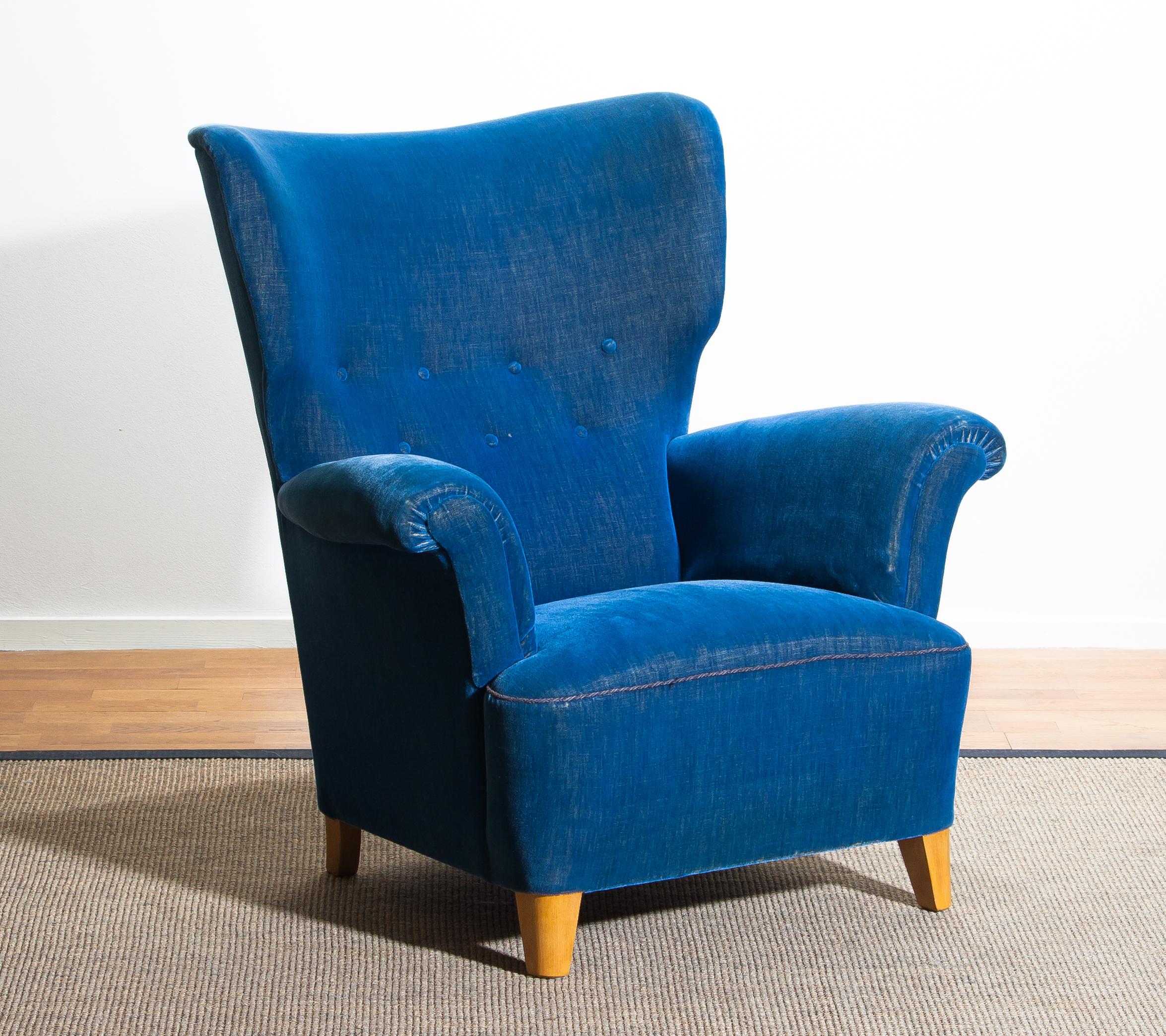 Swedish 1930-1940 Scandinavian Royal Blue Velvet Wingback Chair