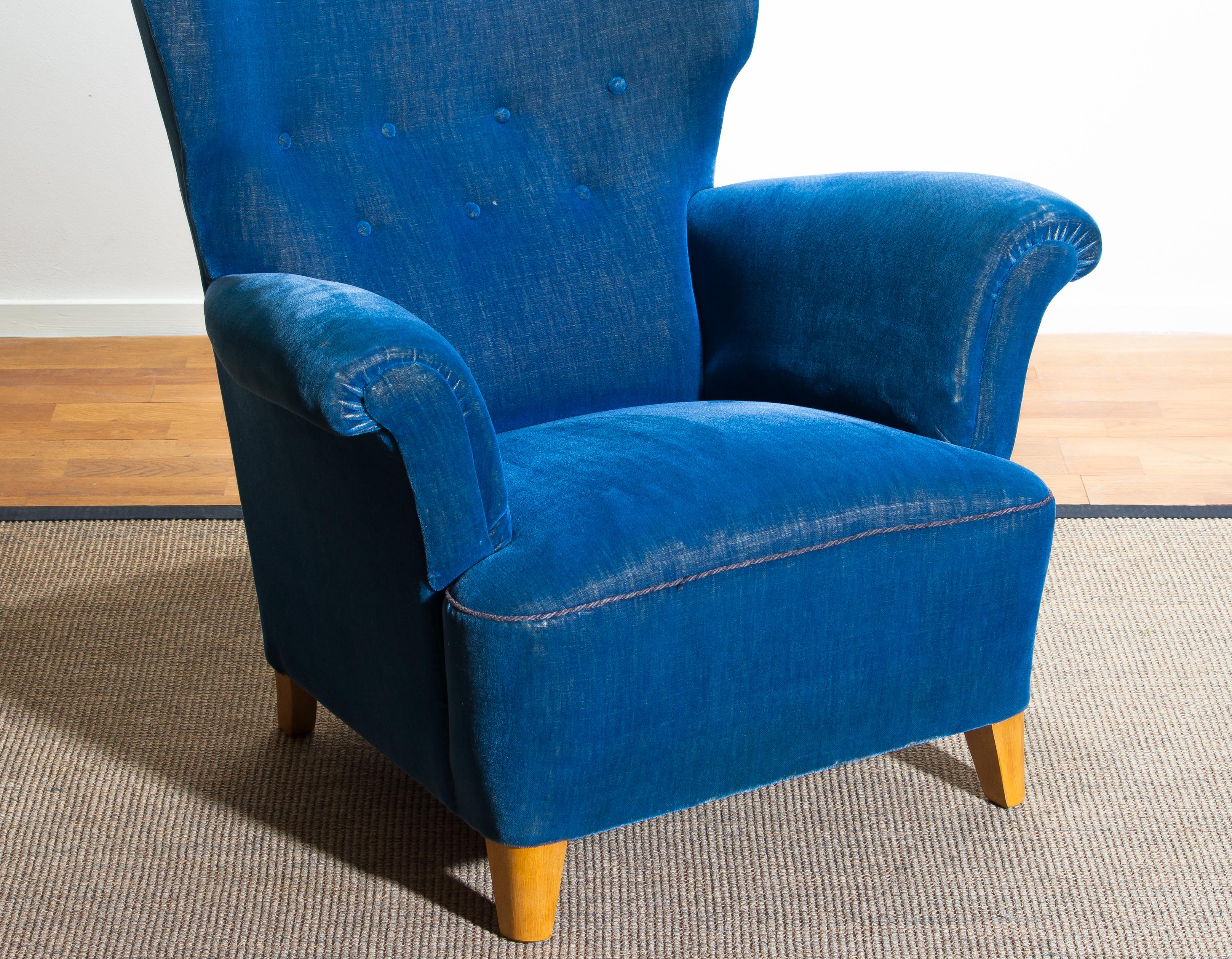 1930-1940 Scandinavian Royal Blue Velvet Wingback Chair 1