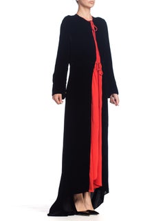 1930S Black Silk Velvet  & Red Crepe Dressing Gown Peignoir Robe