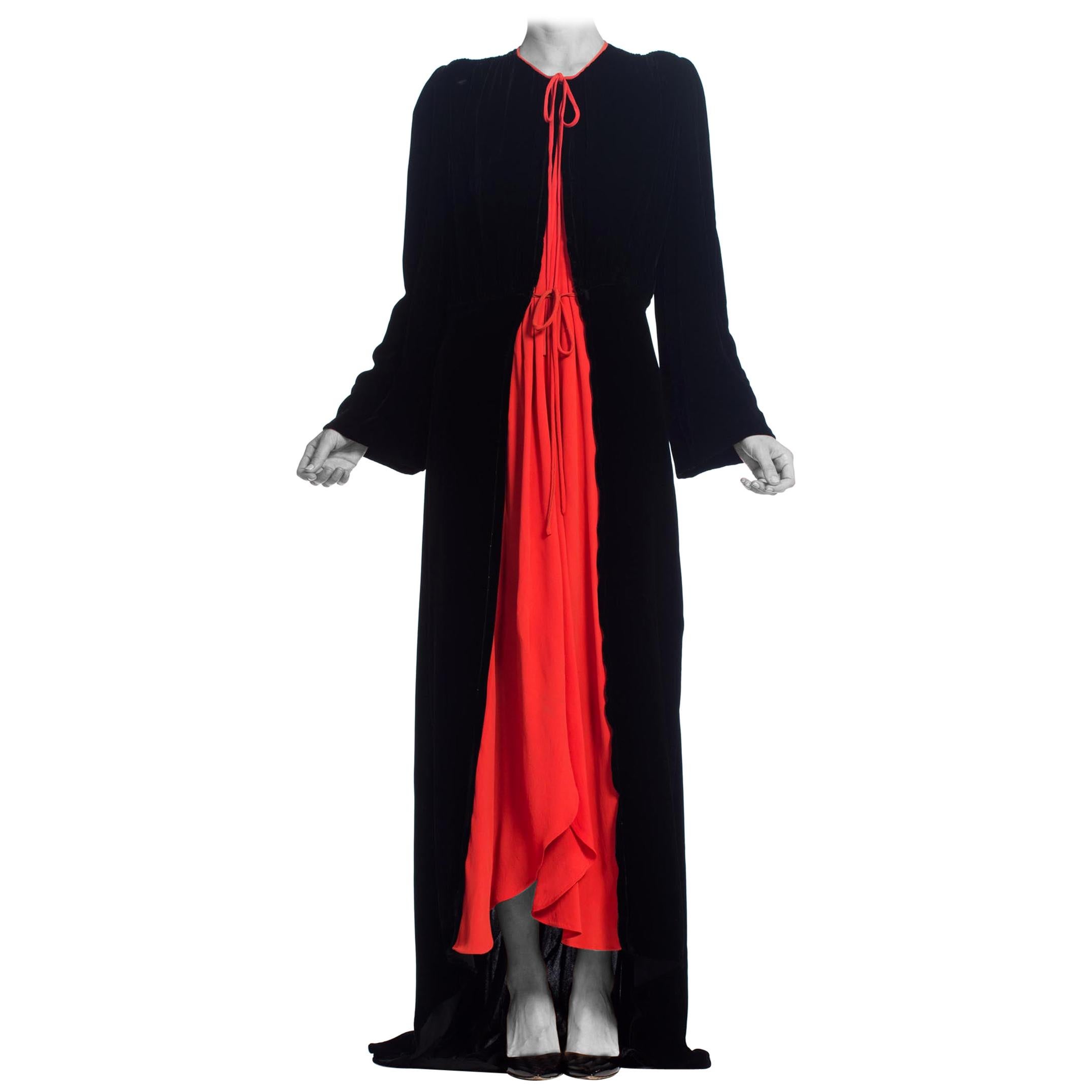 1930S Black Silk Velvet  & Red Crepe Dressing Gown Peignoir Robe