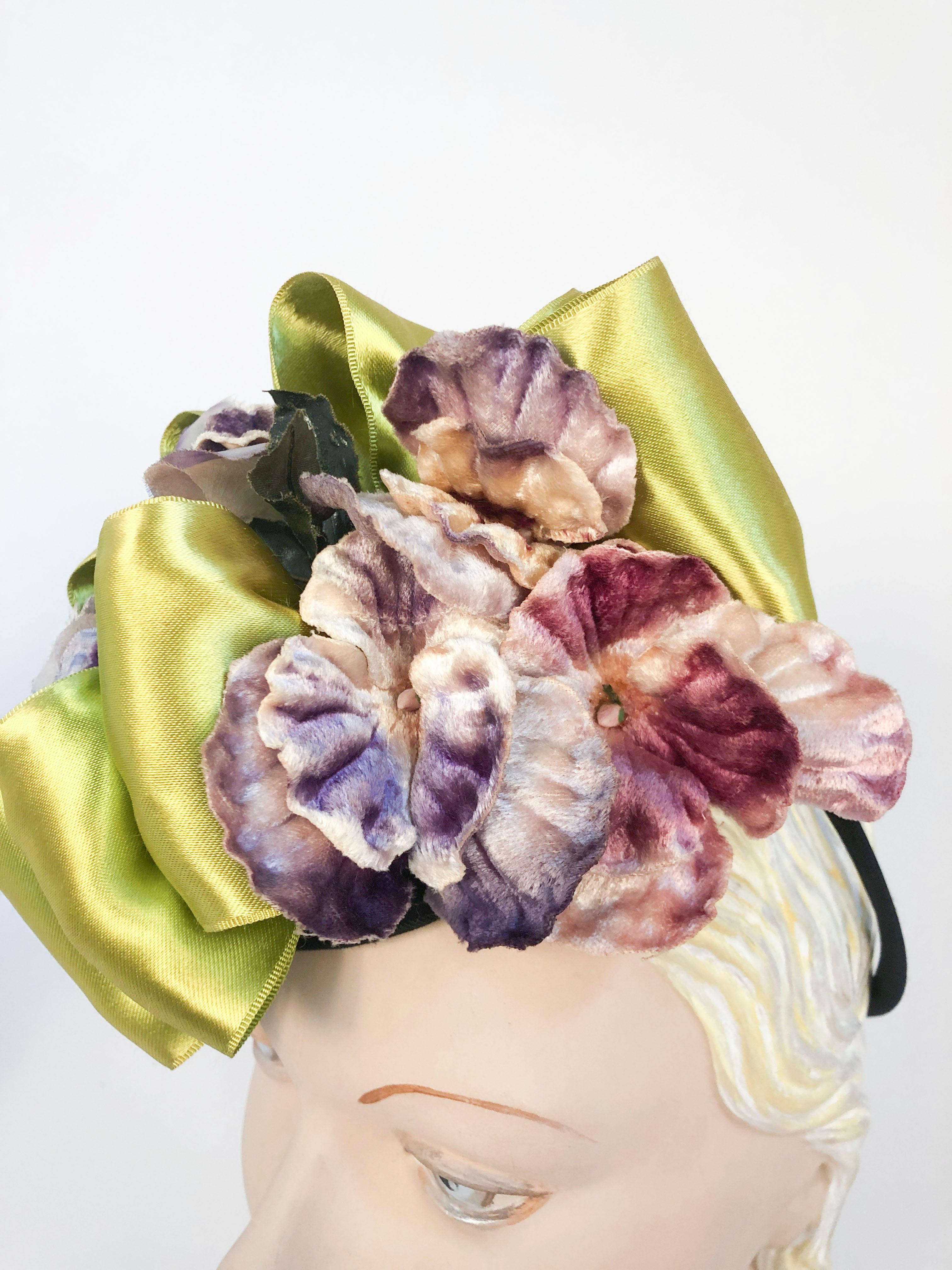 Women's 1930/1940s Chartreuse Satin and Violet Velvet Flower Cocktail Hat