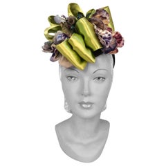 1930/1940s Chartreuse Satin and Violet Velvet Flower Cocktail Hat