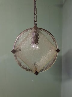 1930s-1940s Art Deco Hall Pendant with Brass Frame and Leather Glass Panels