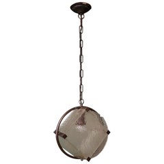1930s-1940s Art Deco Hall Pendant with Brass Frame and Leather Glass Panels