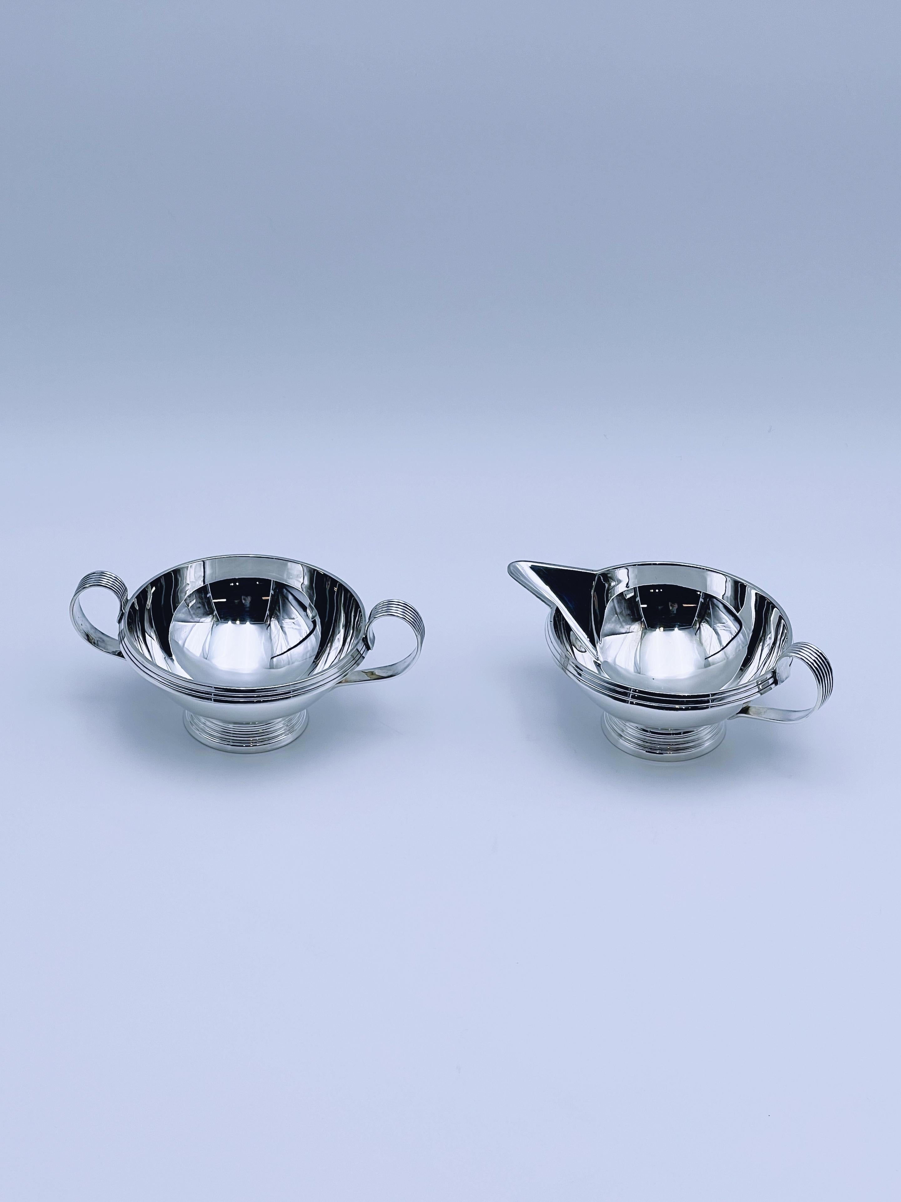 Cremera y azucarero de plata ART DECO de los años 30/40, diseño noruego en Bueno estado para la venta en Skien, NO