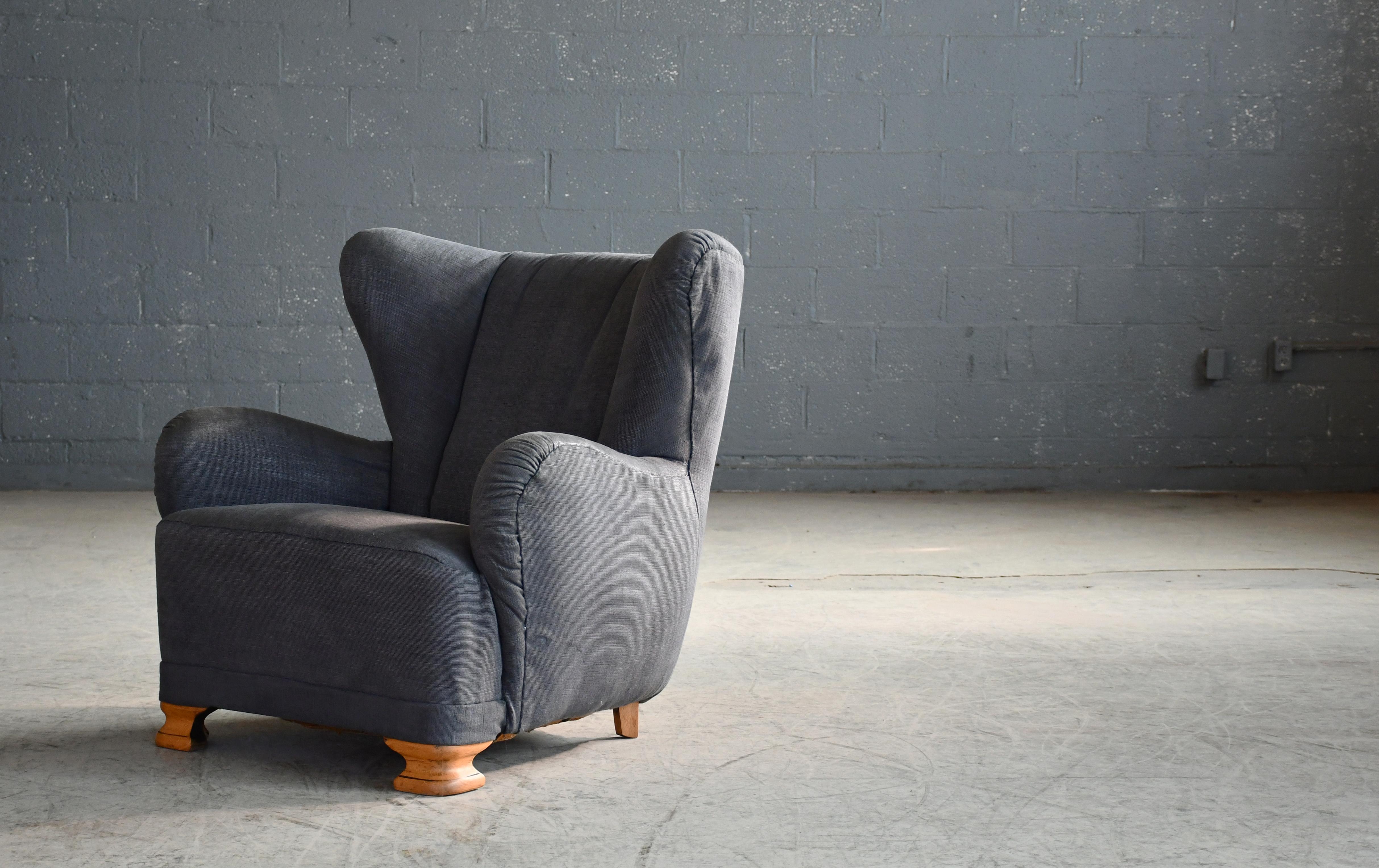 1930-40s Danish Art Deco or Early Midcentury Channel Back Club or Lounge Chair In Good Condition For Sale In Bridgeport, CT