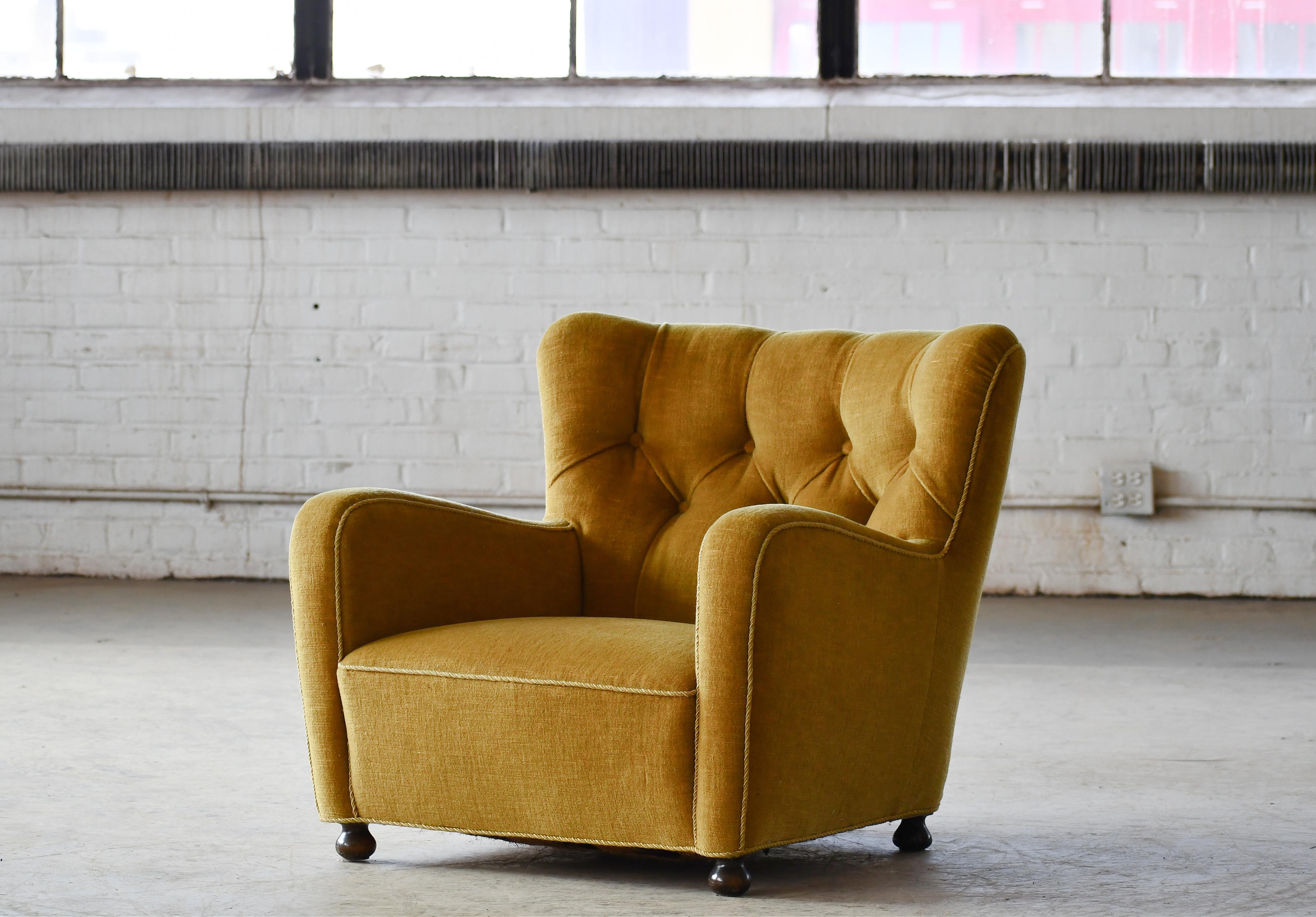 Mid-Century Modern 1930-40s Danish Art Deco or Early Midcentury Lounge Chair in Golden Mohair