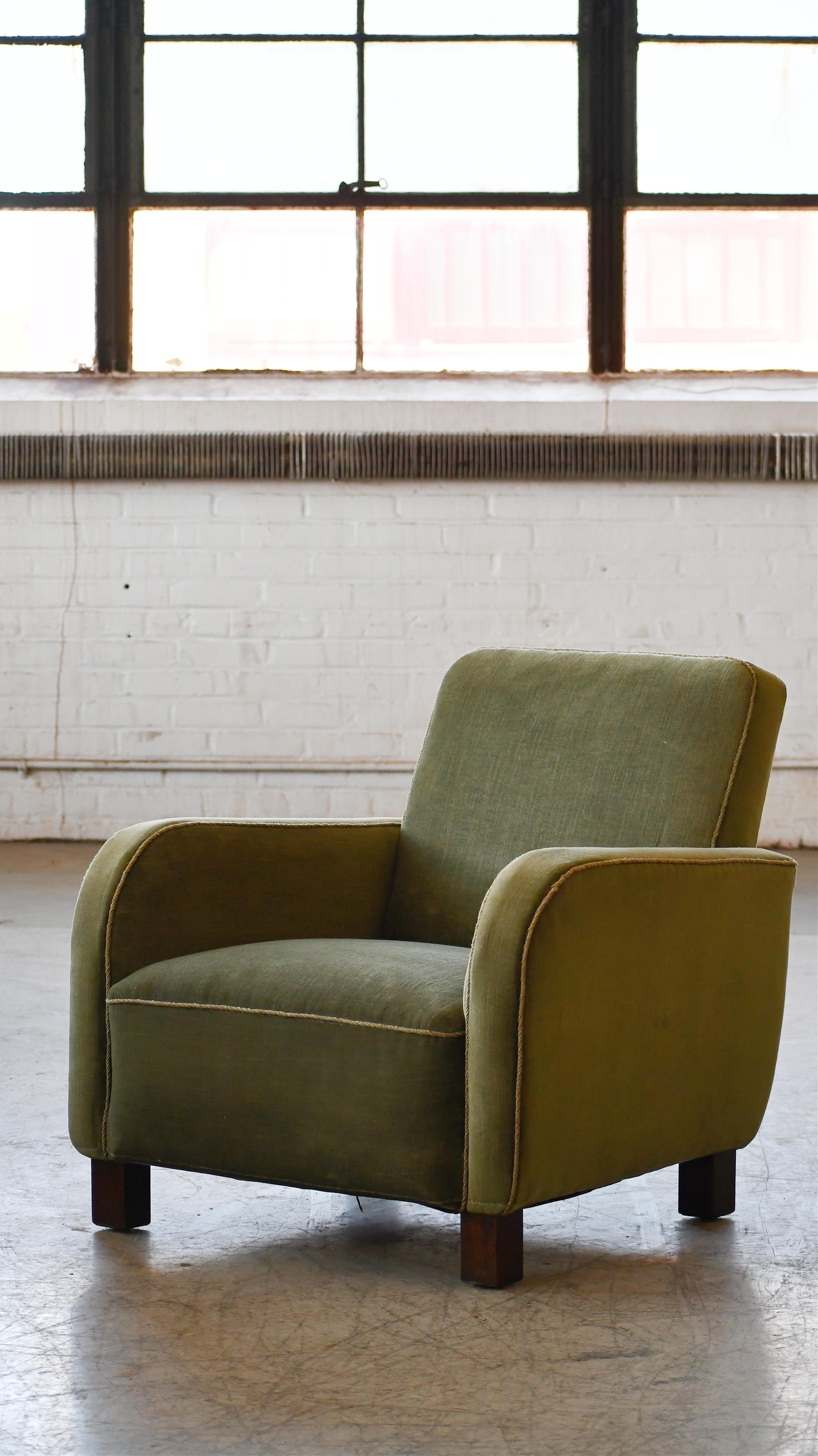 Mid-Century Modern 1930-40s Danish Art Deco or Early Midcentury Lounge Chair in Green Mohair For Sale