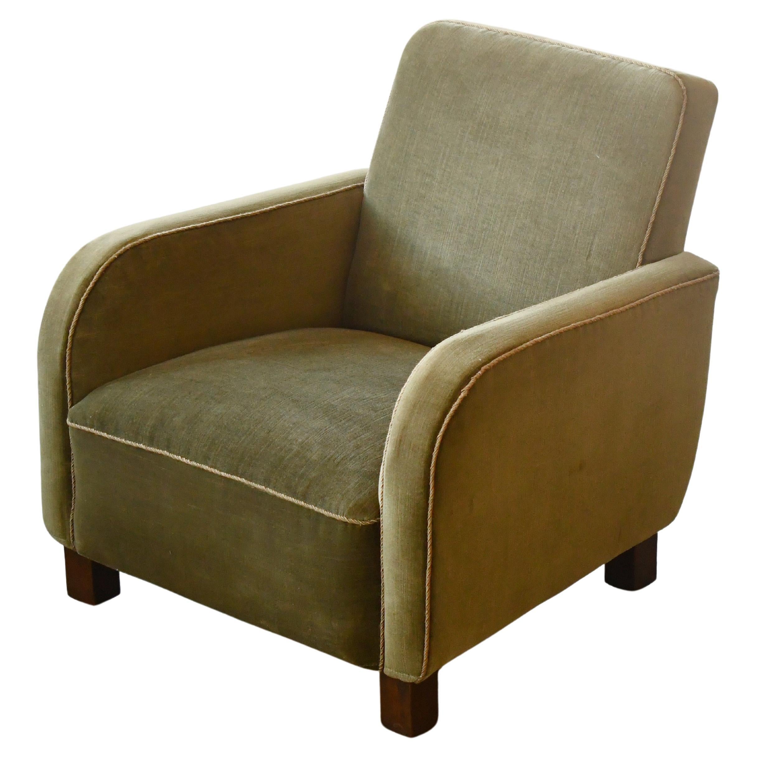 1930-40s Danish Art Deco or Early Midcentury Lounge Chair in Green Mohair For Sale