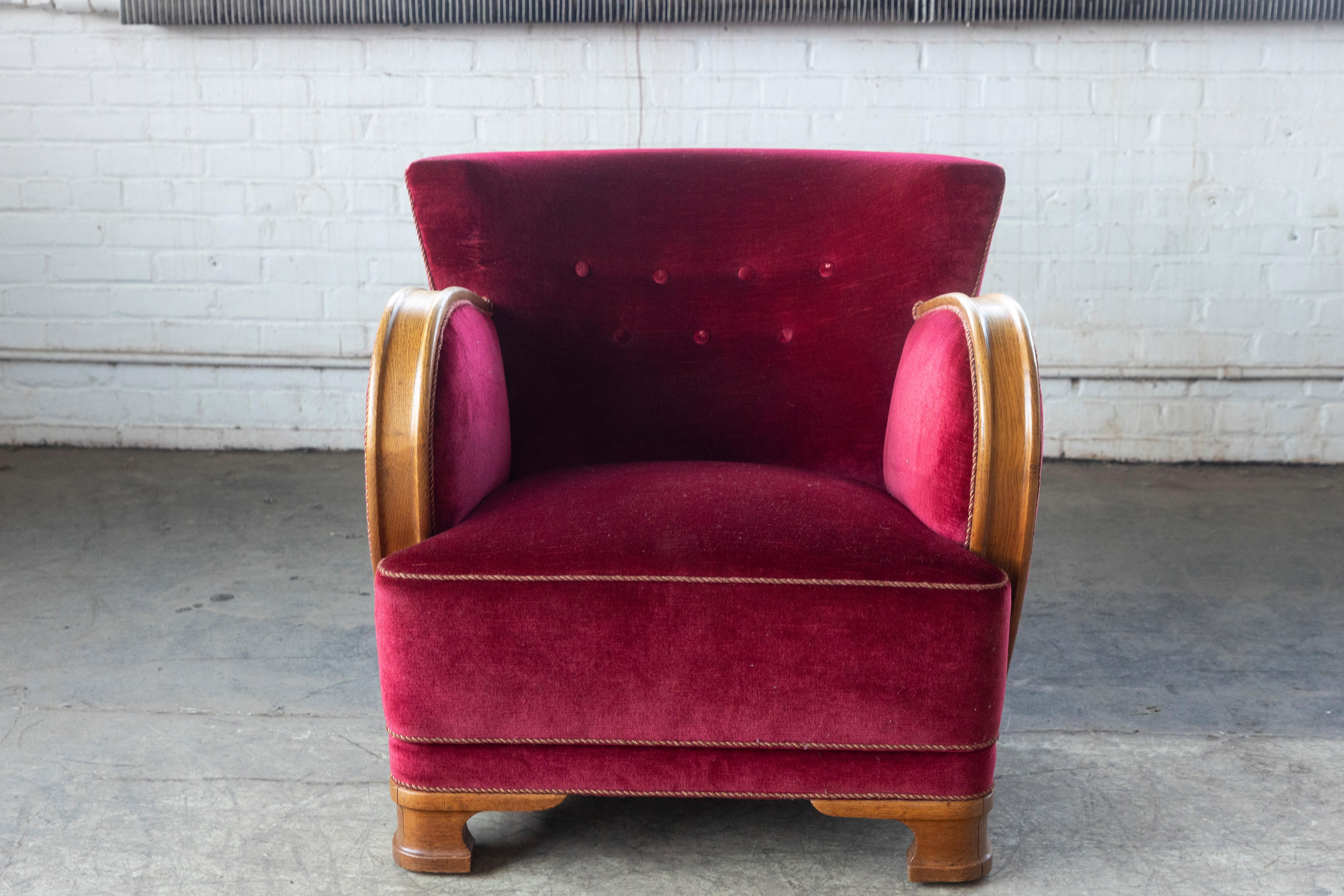 Mid-20th Century 1930-40s Danish Art Deco or Early Midcentury Lounge Chair in Red Mohair