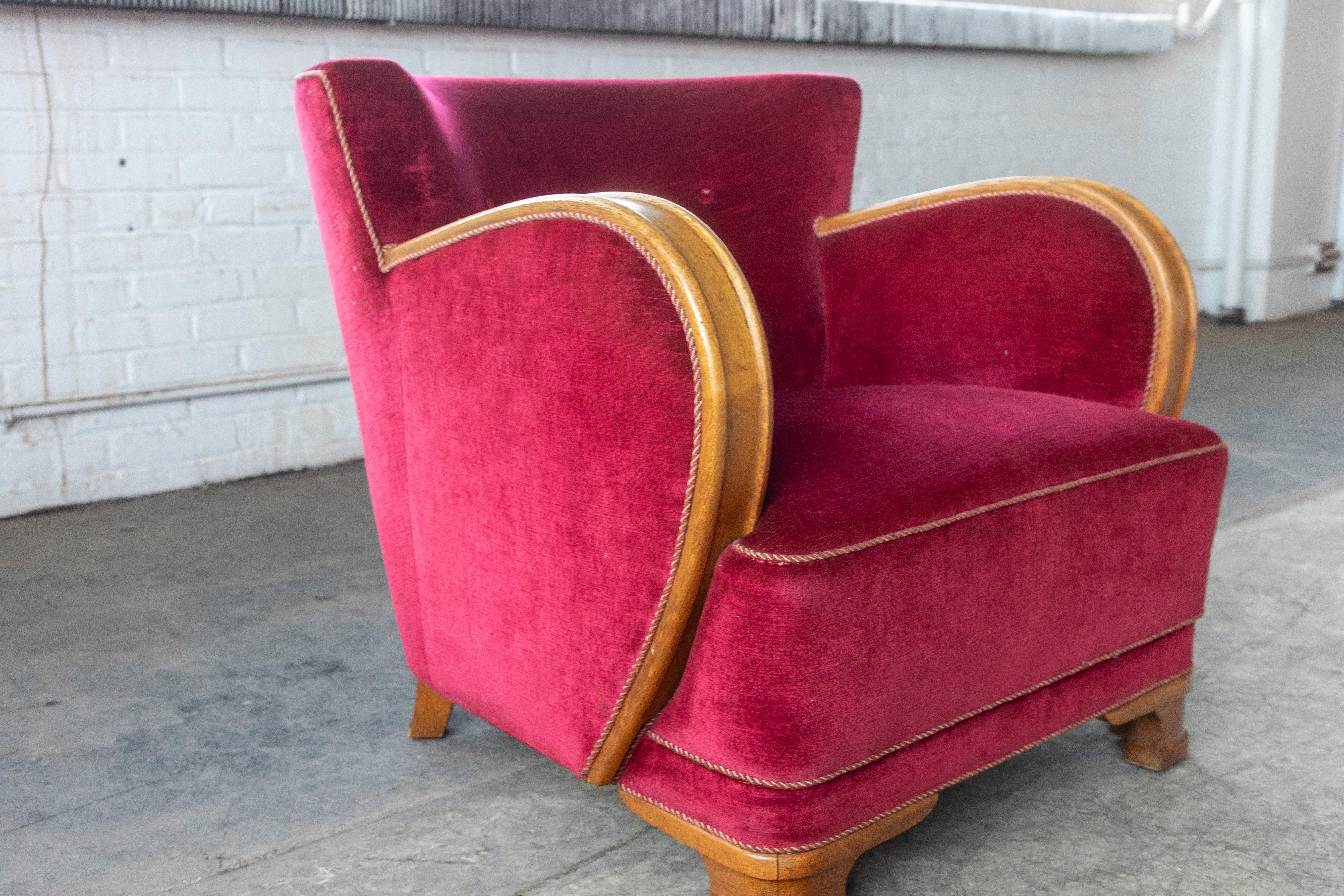 1930-40s Danish Art Deco or Early Midcentury Lounge Chair in Red Mohair 1