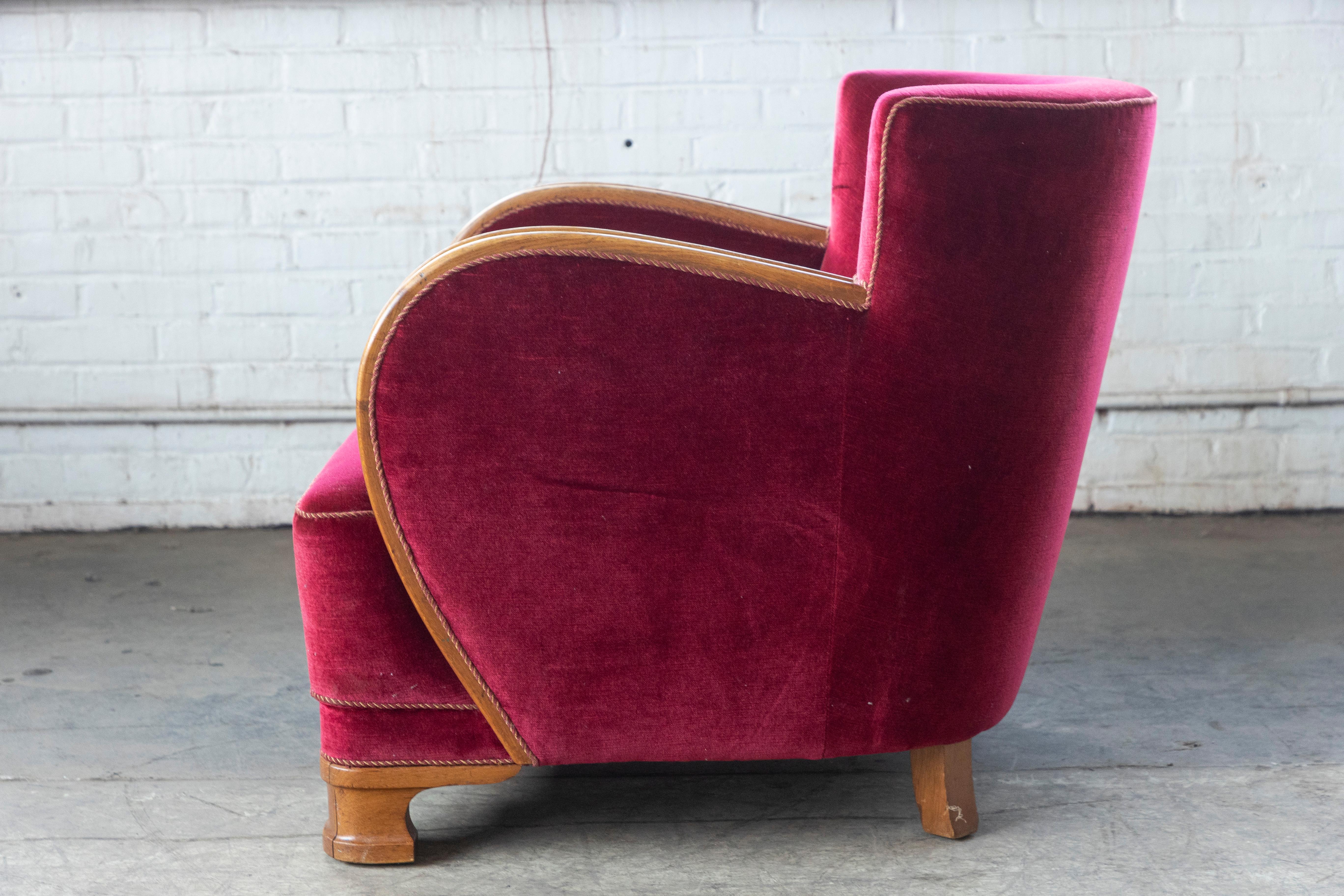 1930-40s Danish Art Deco or Early Midcentury Lounge Chair in Red Mohair 4