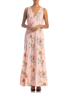 1940S Floral Bias Cut Rayon Negligee With Lace Neck Line Slip Dress XL