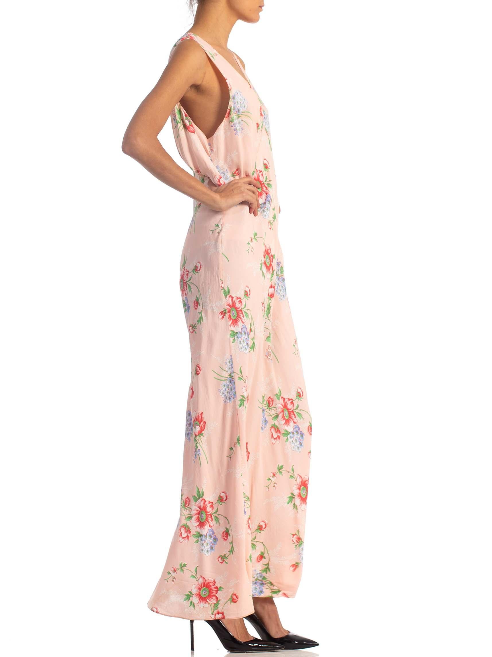 Beige 1940S Floral Bias Cut Rayon Negligee With Lace Neck Line Slip Dress XL For Sale