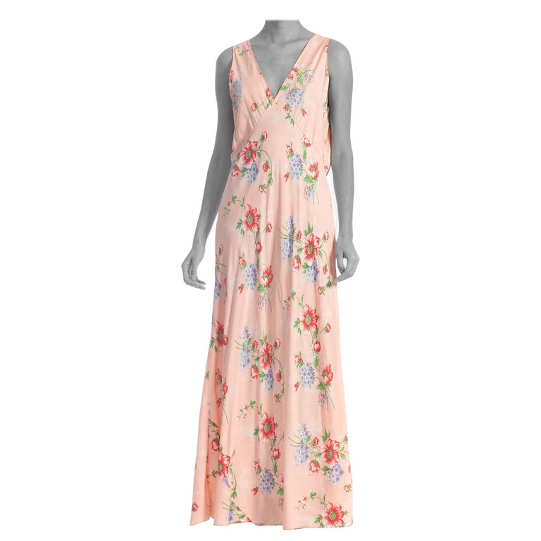 1940S Floral Bias Cut Rayon Negligee With Lace Neck Line Slip Dress XL ...