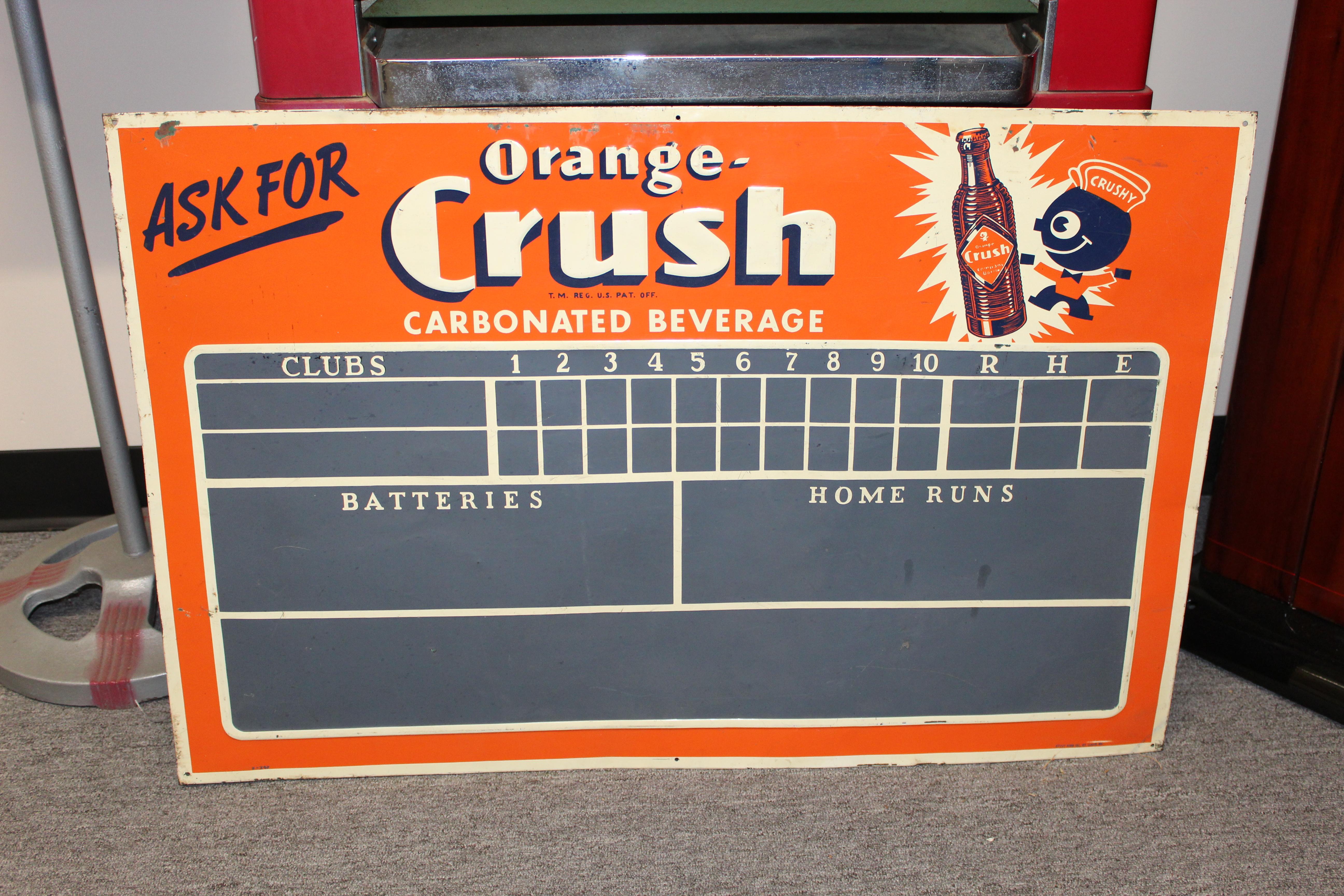 Here's a great rare Orange Crush Scoreboard sign.Orange Crush was invented in Chicago in 1906 and founded as Ward’s Orange Crush in 1916, the brainchild of a California chemist named Neil Ward and entrepreneur Clayton Howel, who had already tried to
