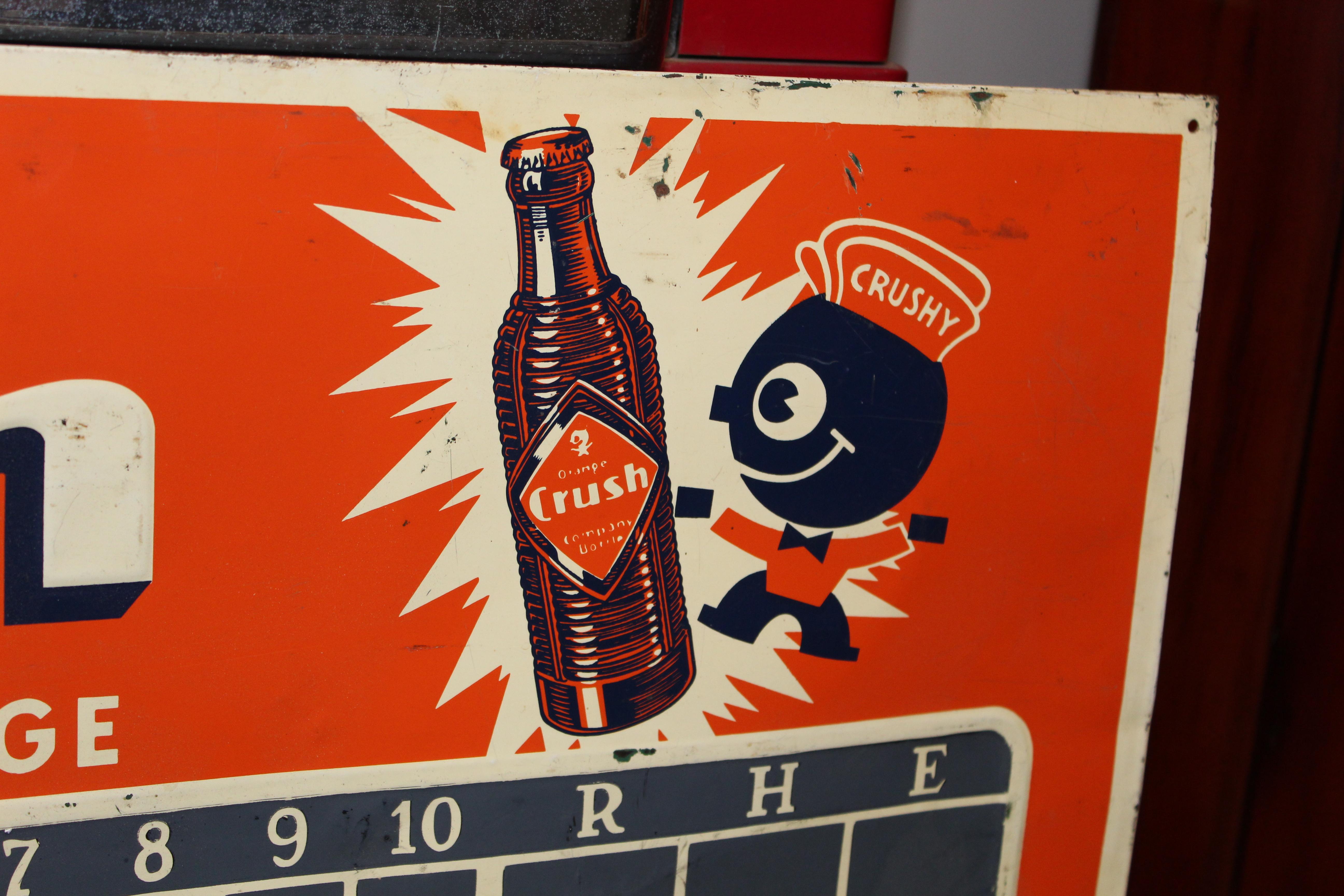 Mid-20th Century 1930s-1940s Orange Crush Tin Advertising Scoreboard Sign For Sale