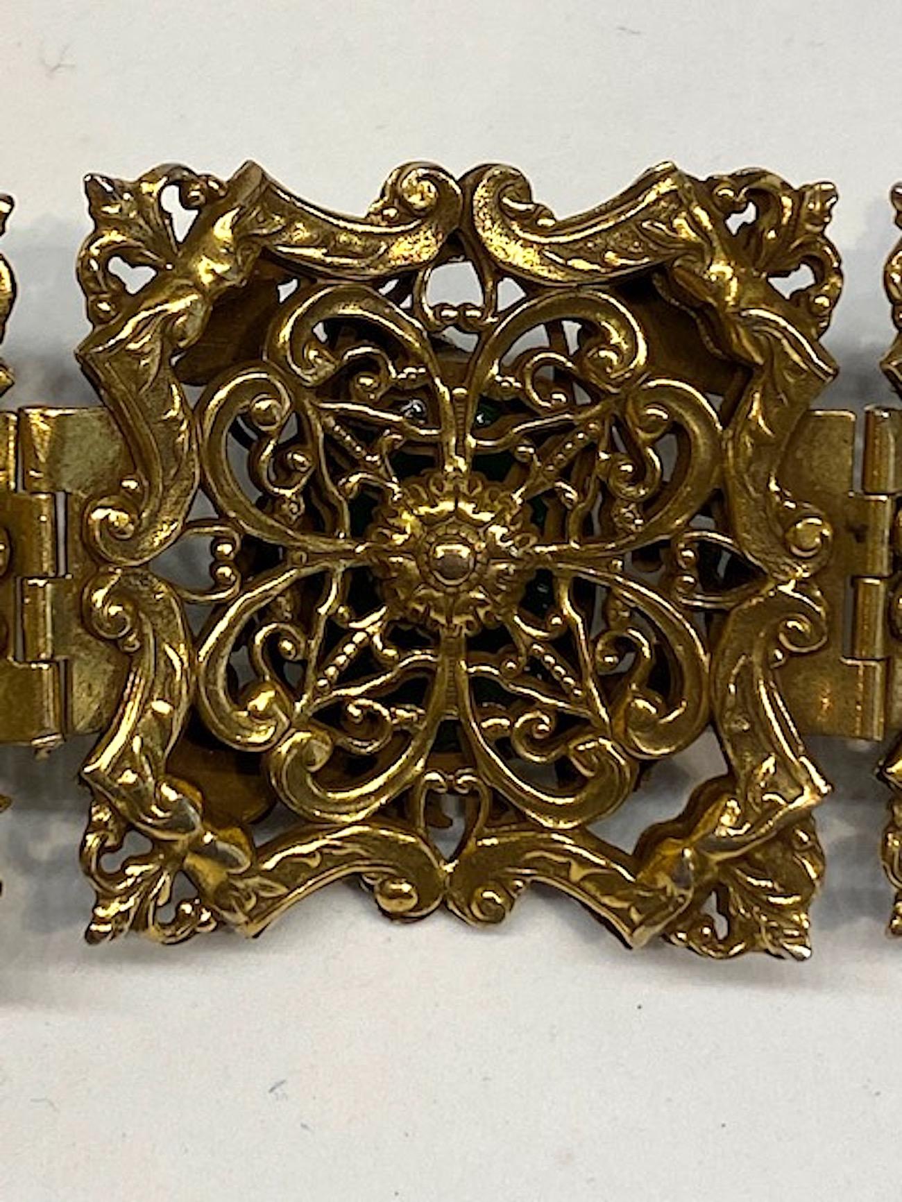 1930/40s Ornate 4 Panel Wide Gold Bracelet 8