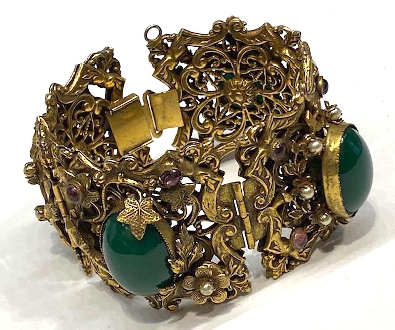 Women's 1930/40s Ornate 4 Panel Wide Gold Bracelet