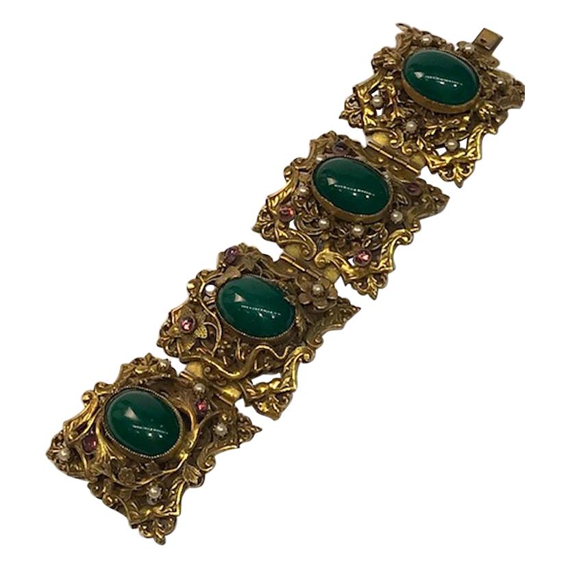 1930/40s Ornate 4 Panel Wide Gold Bracelet