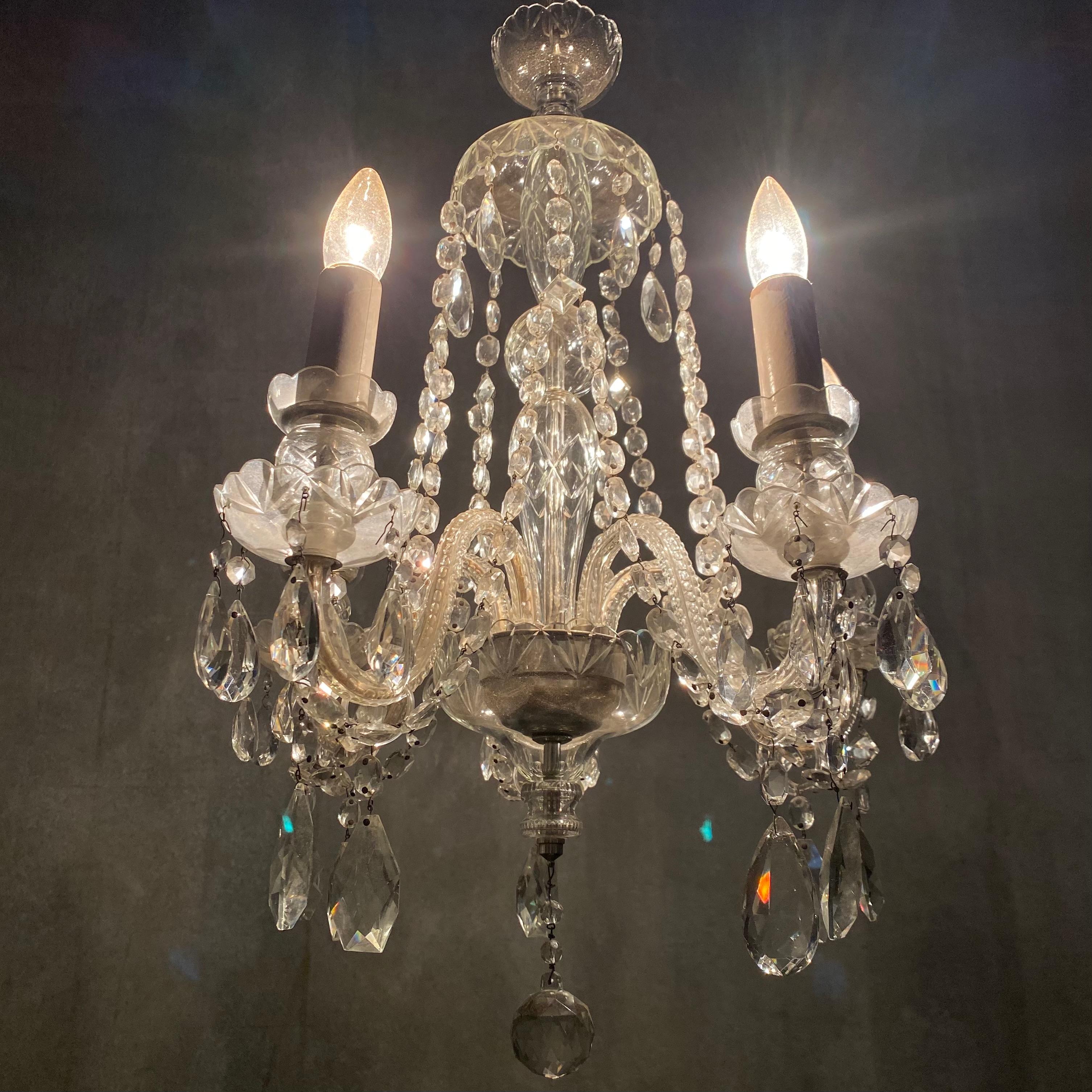 American 1930 5 Arm Crystal Glass Chandelier For Sale