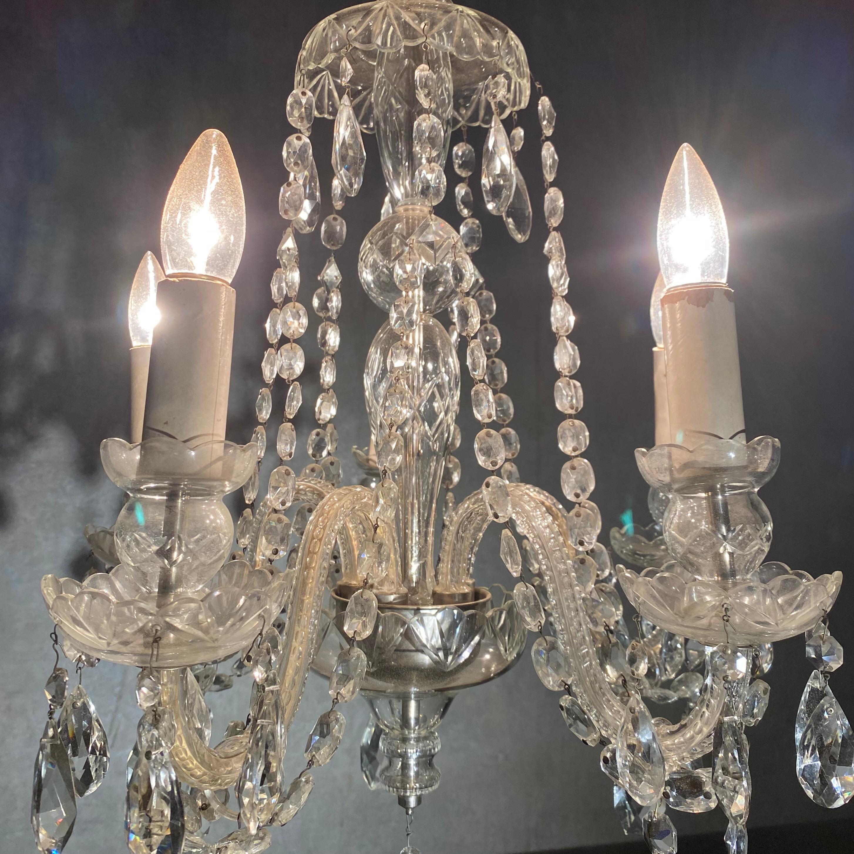 1930 5 Arm Crystal Glass Chandelier In Good Condition For Sale In Surrey, BC