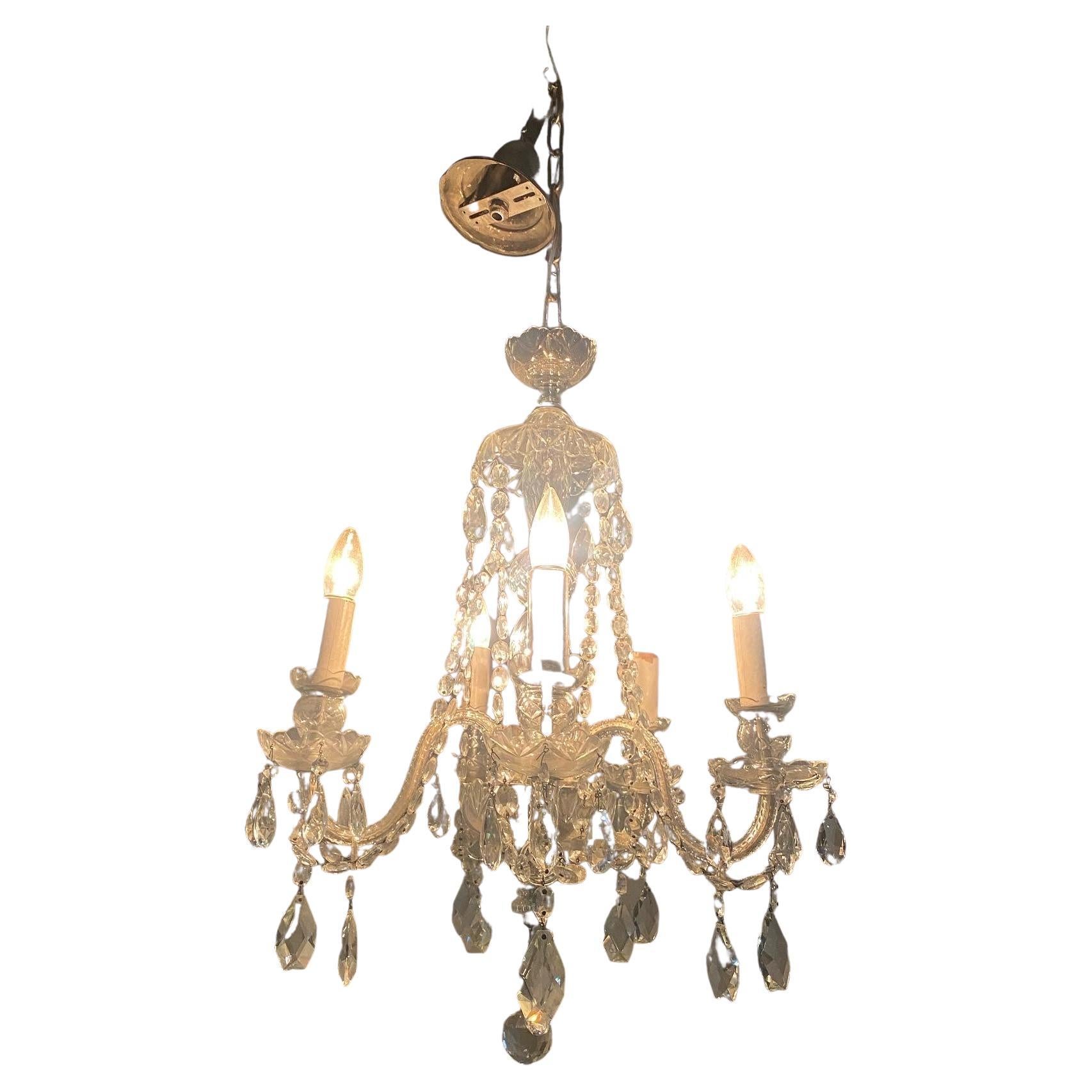 1930 5 Arm Crystal Glass Chandelier For Sale