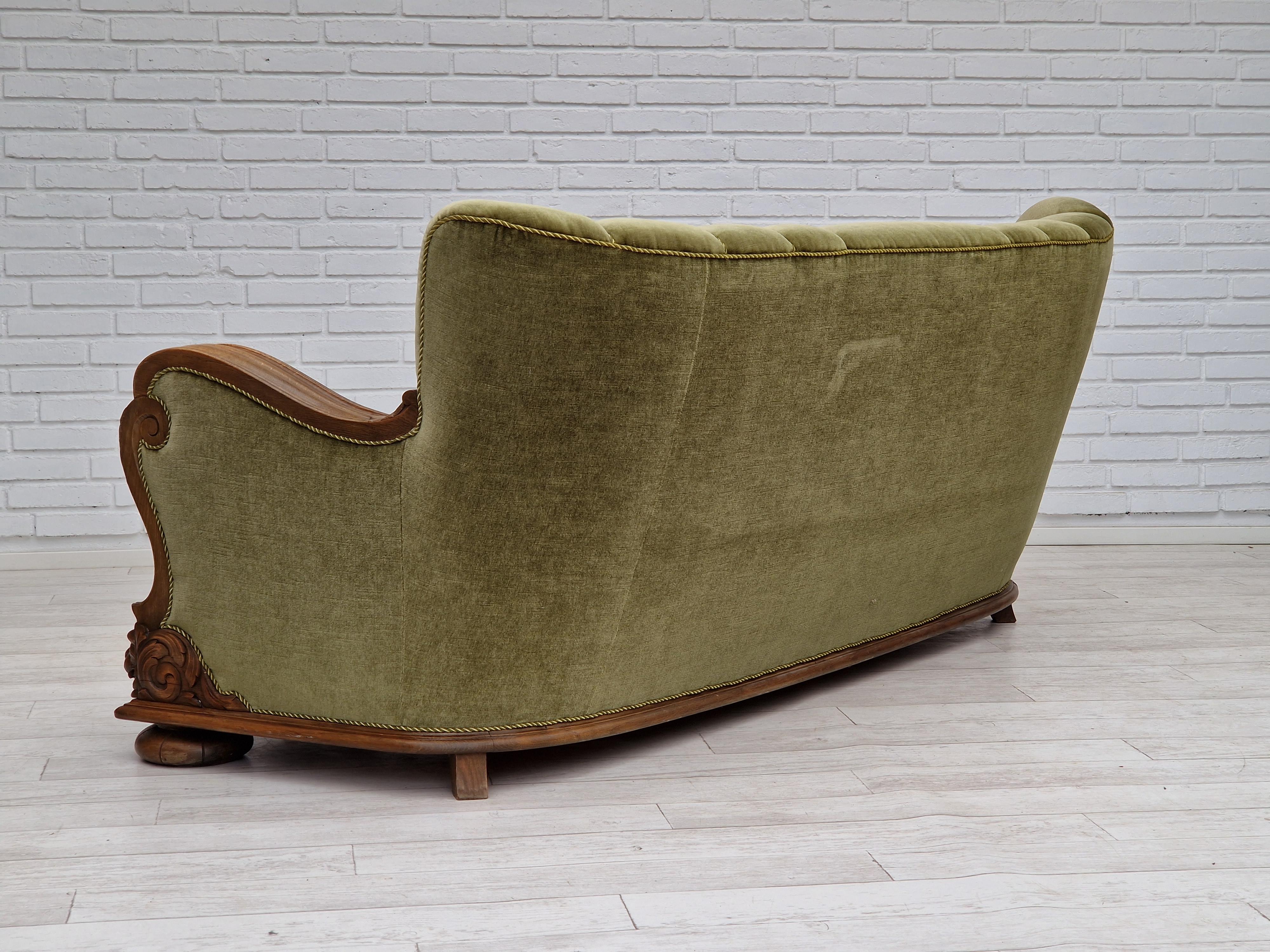 Mid-20th Century 1930-50s Danish Art Deco Design, 3 Seater Sofa in Original Green Velour