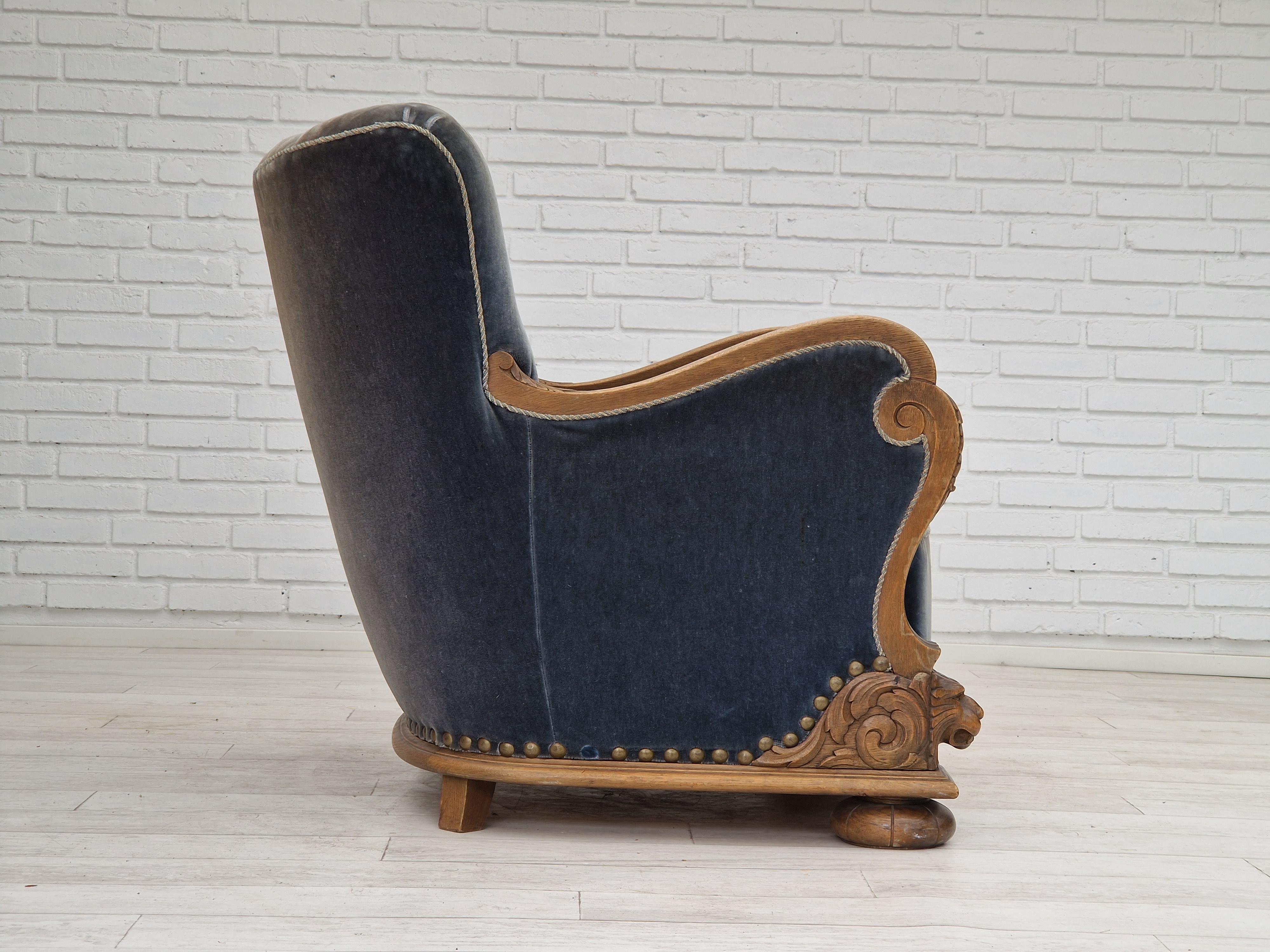 Velvet 1930-50s Danish Art Deco Design, Relax Chair in Original Ocean Blue Velour