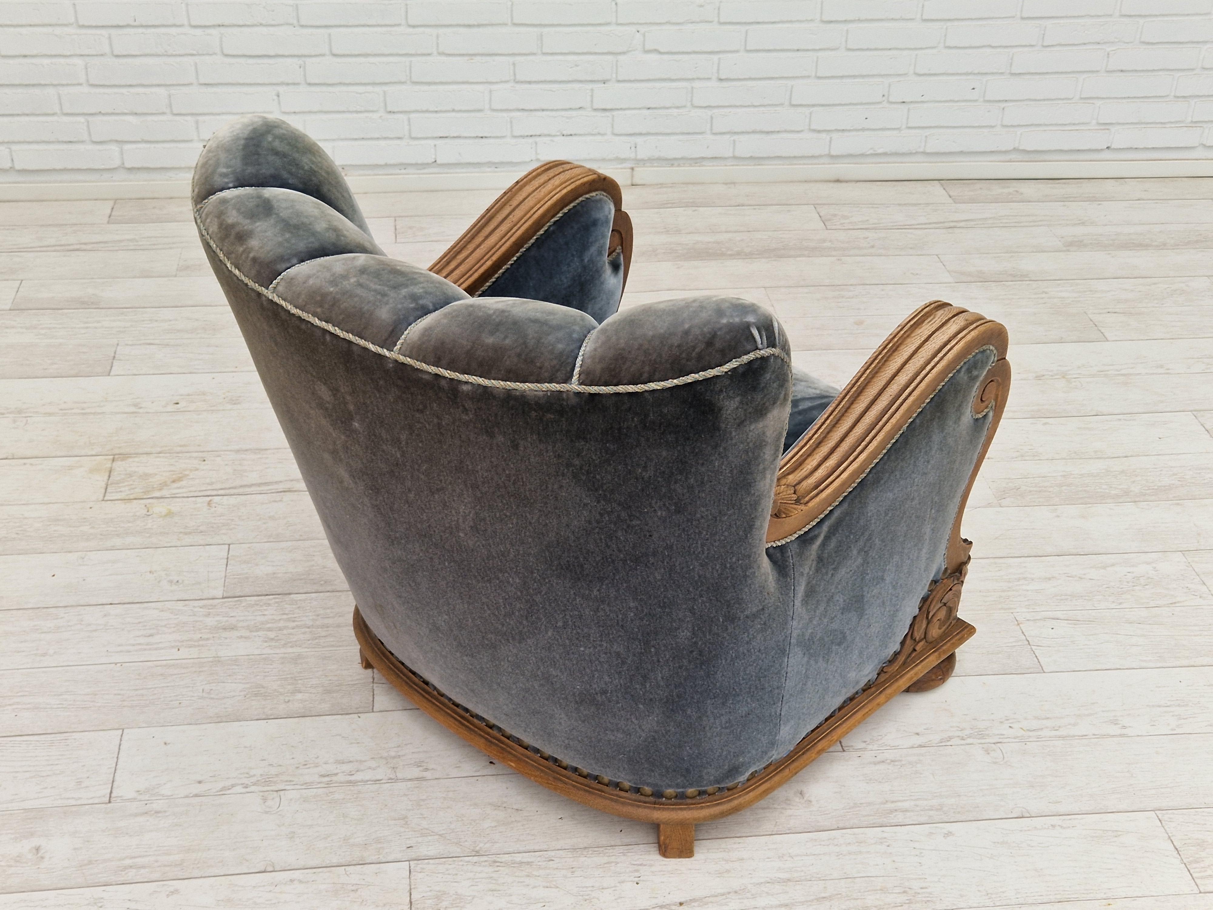 1930-50s Danish Art Deco Design, Relax Chair in Original Ocean Blue Velour 1