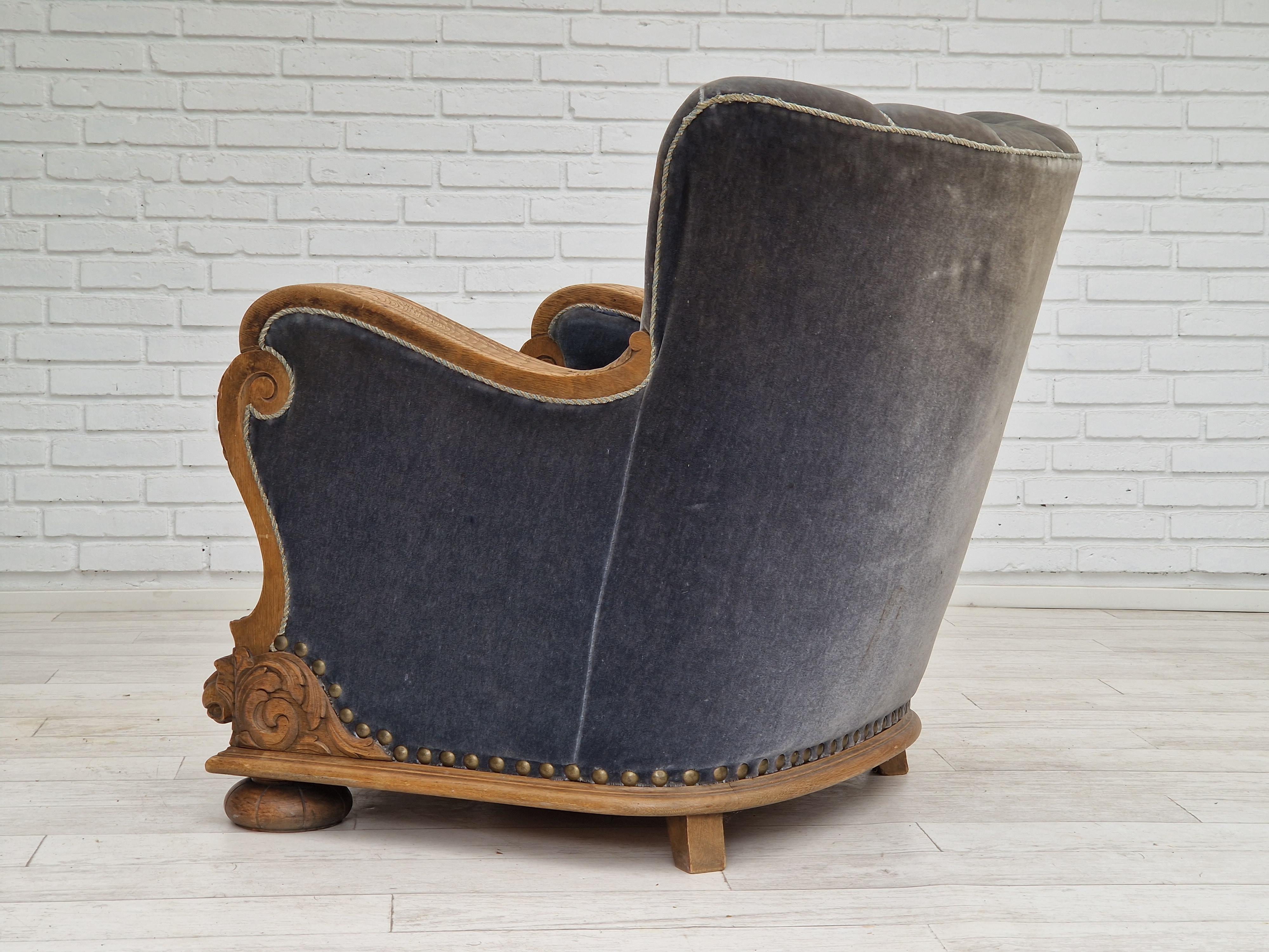 1930-50s Danish Art Deco Design, Relax Chair in Original Ocean Blue Velour 3