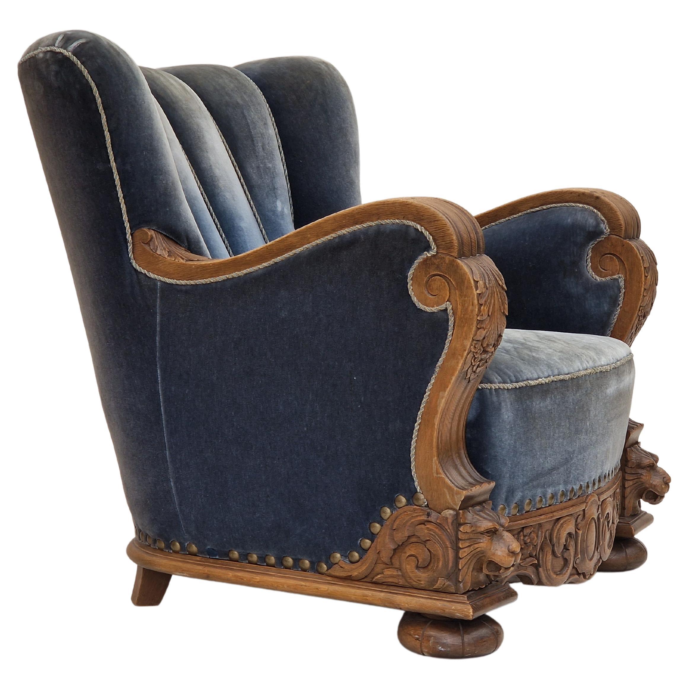 1930-50s Danish Art Deco Design, Relax Chair in Original Ocean Blue Velour