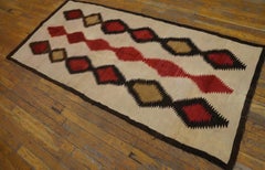 1930 American Navajo Rug Red & Black Sawtooth Diamond Design 2'10" x 6'4" Carpet