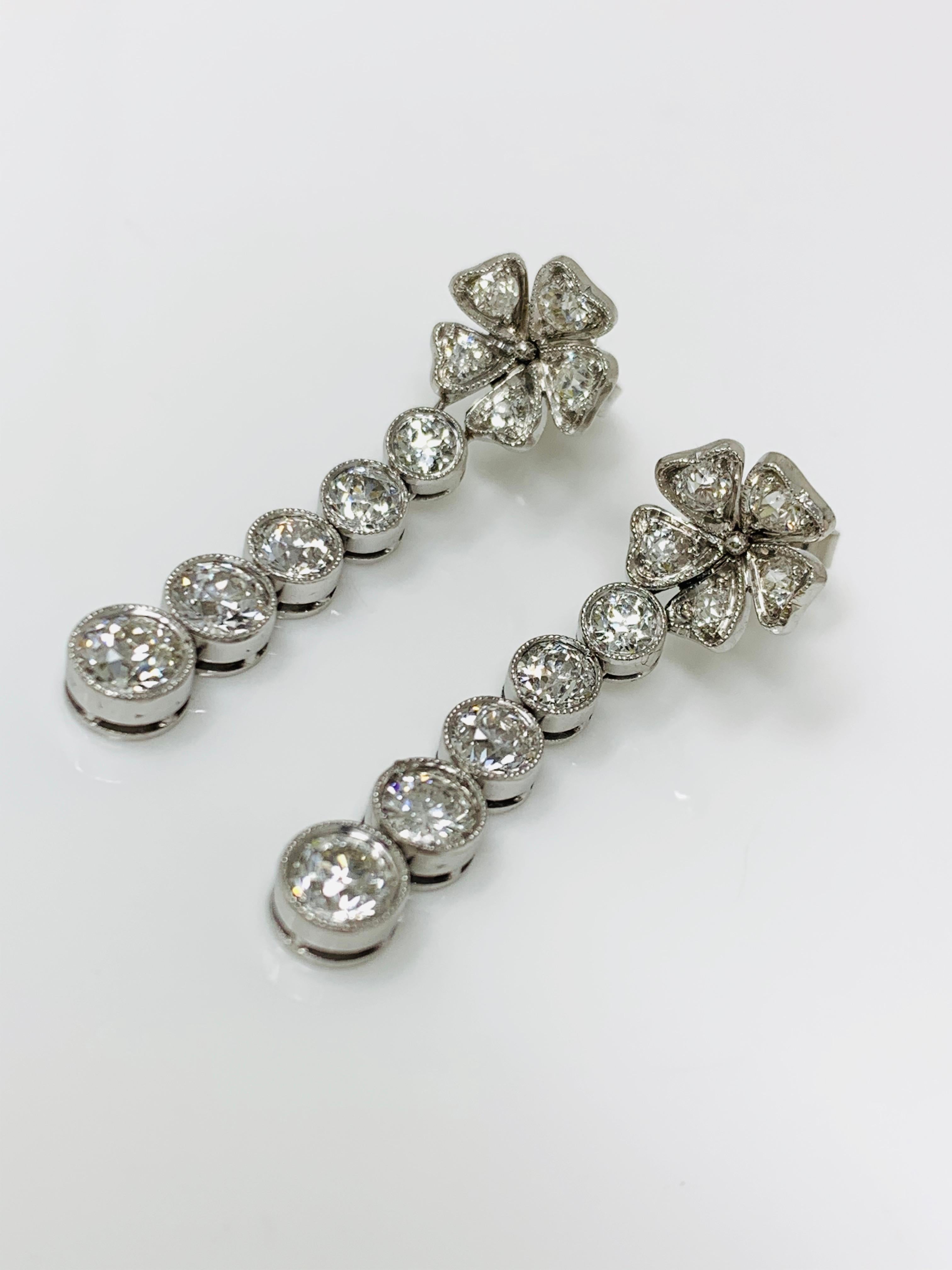 Moguldiam Inc's 1930 antique old european cut diamond earrings are gorgeous and beautifully hand made. 
Diamond weight : 2.50 carat 
Metal : Platinum 
Measurements: 1 1/4 inch