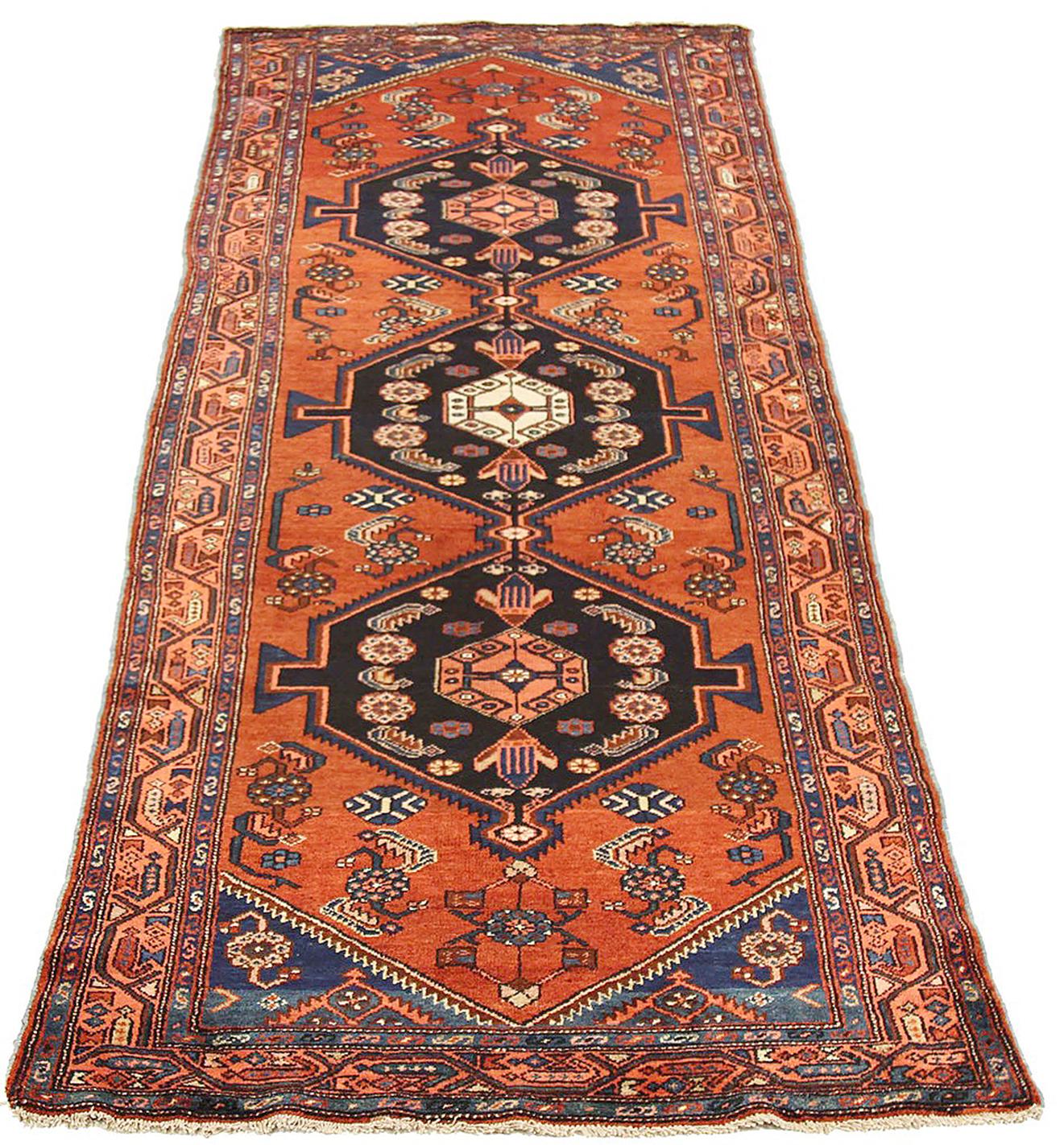 Hand-Woven 1930 Antique Persian Malayer Runner Rug with 3 Large Medallions on Center Field For Sale