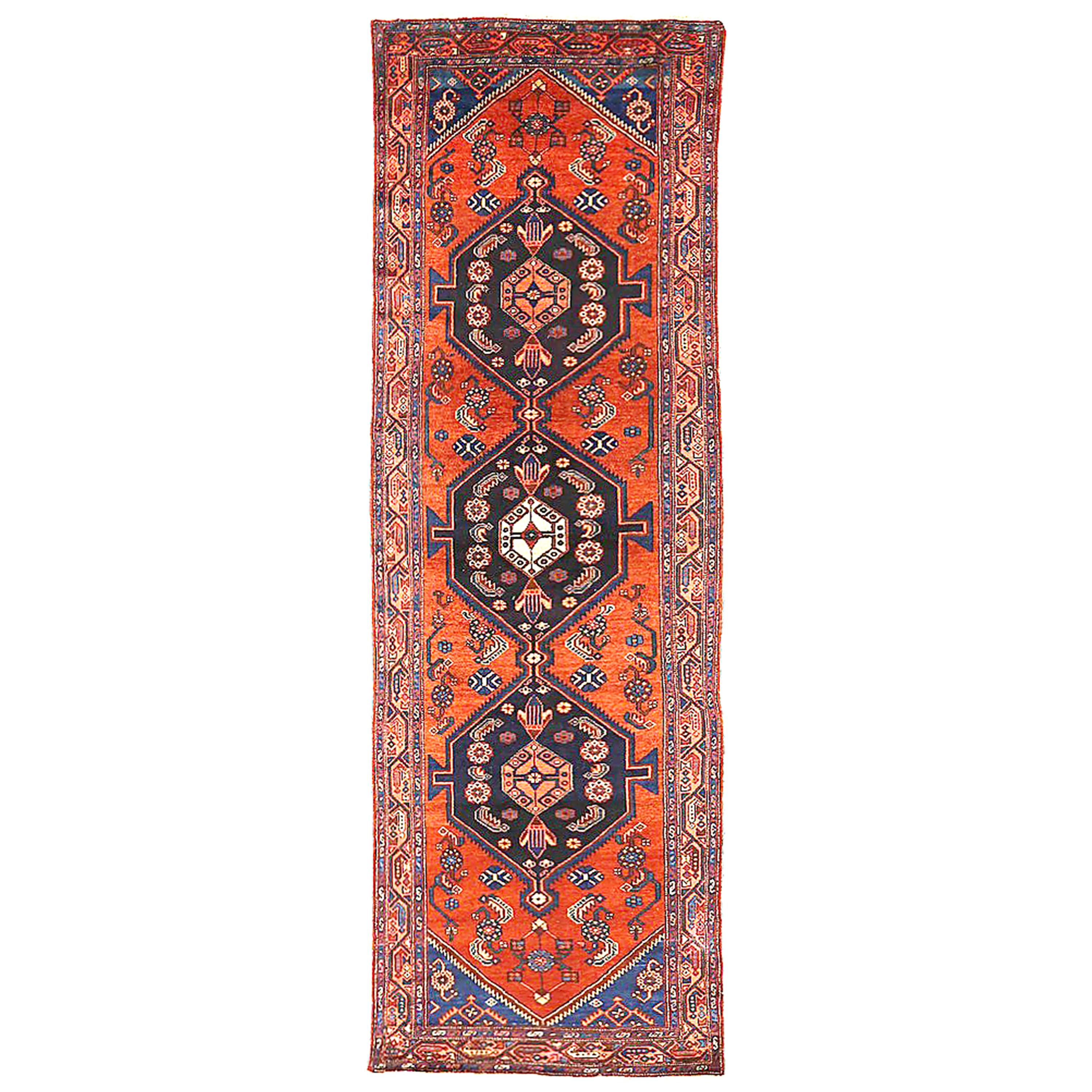 1930 Antique Persian Malayer Runner Rug with 3 Large Medallions on Center Field For Sale