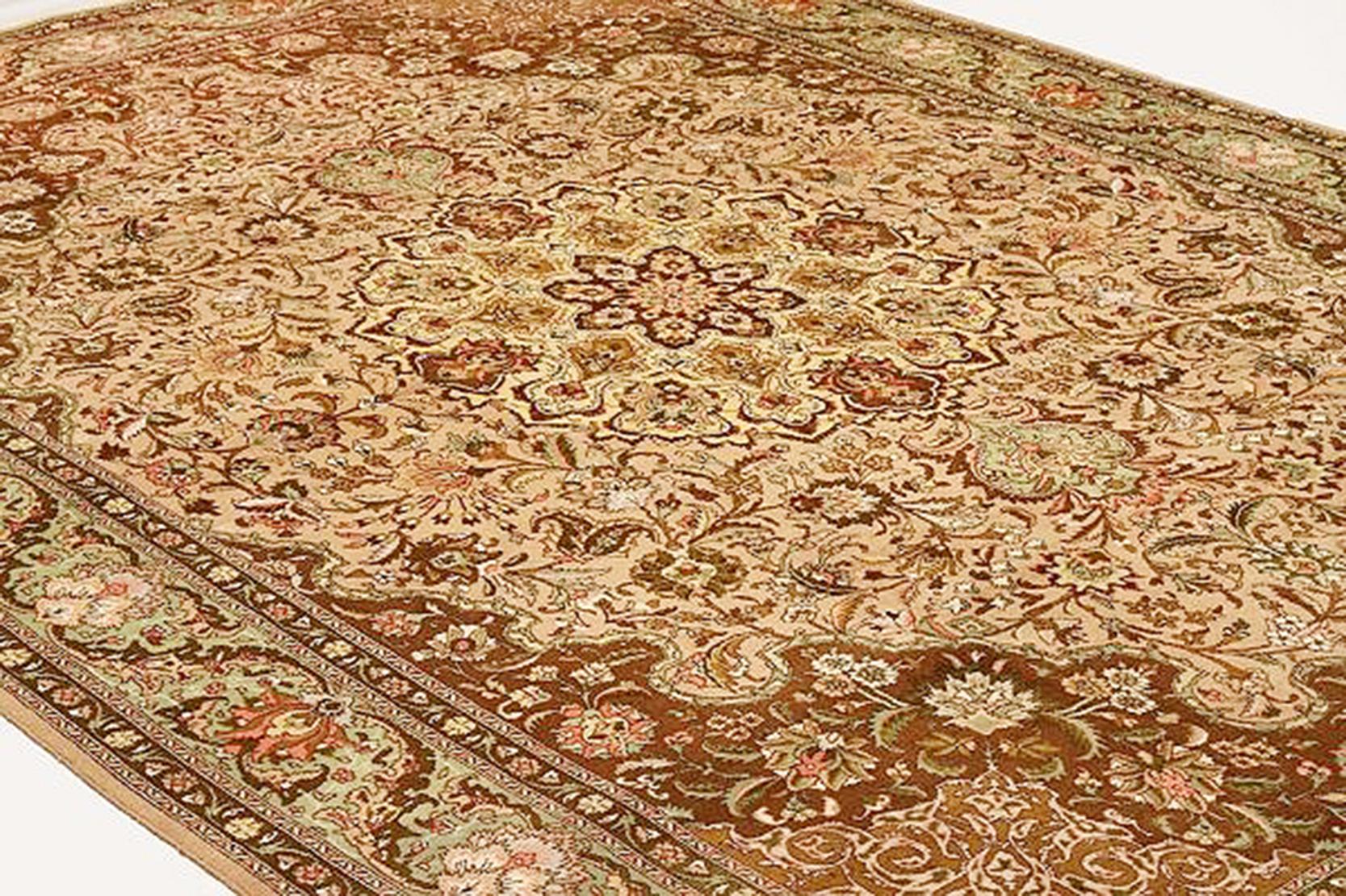1930 Antique Tabriz Rug with Pink and Brown Flower Details on Ivory Field In Excellent Condition For Sale In Dallas, TX