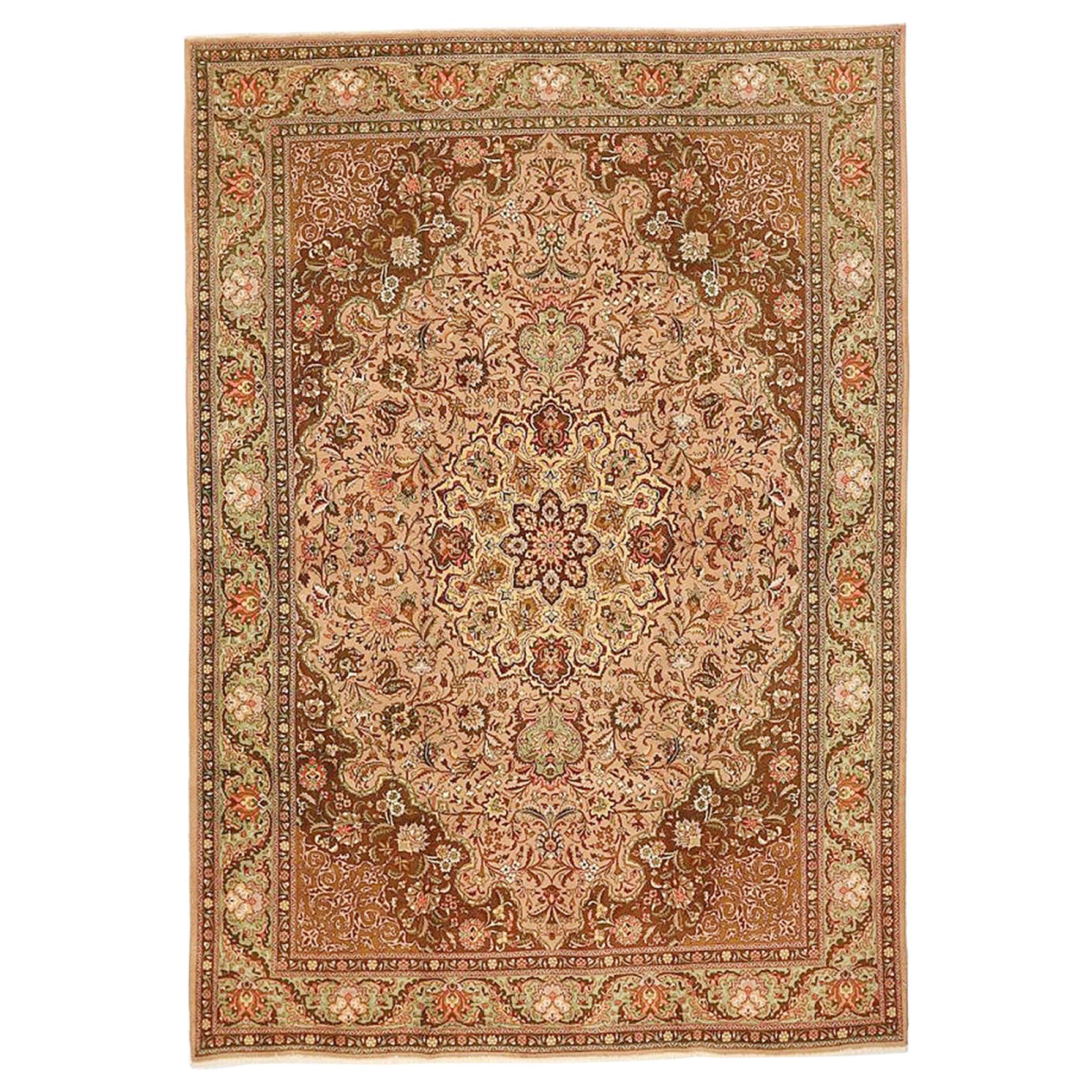 1930 Antique Tabriz Rug with Pink and Brown Flower Details on Ivory Field For Sale