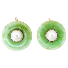 1930 Antique Vintage Jade and Pearl 14k Yellow Gold Stud Earrings Screw on Clip