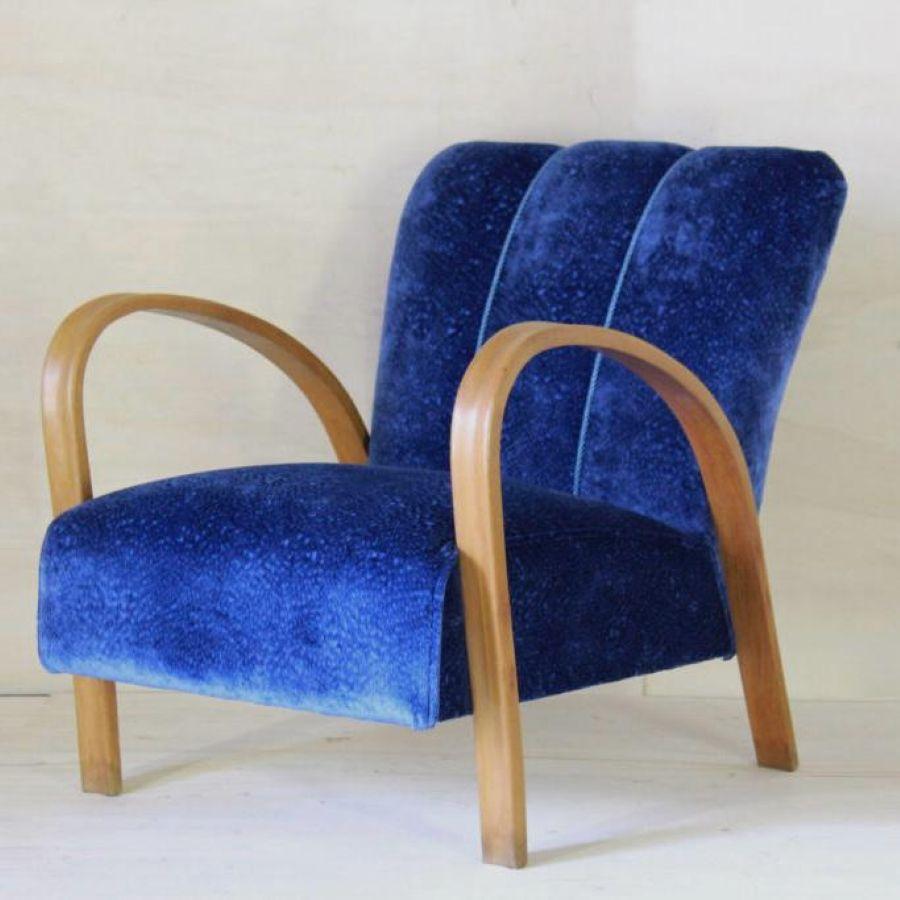 1930 Art Deco Blue Velvet Armchair, Solid Beech Wood, France For Sale