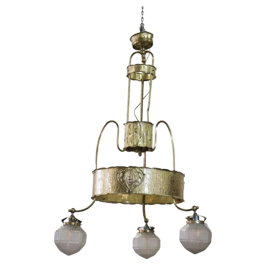 1930 Art Deco Brass and Glass Bowls Chandelier