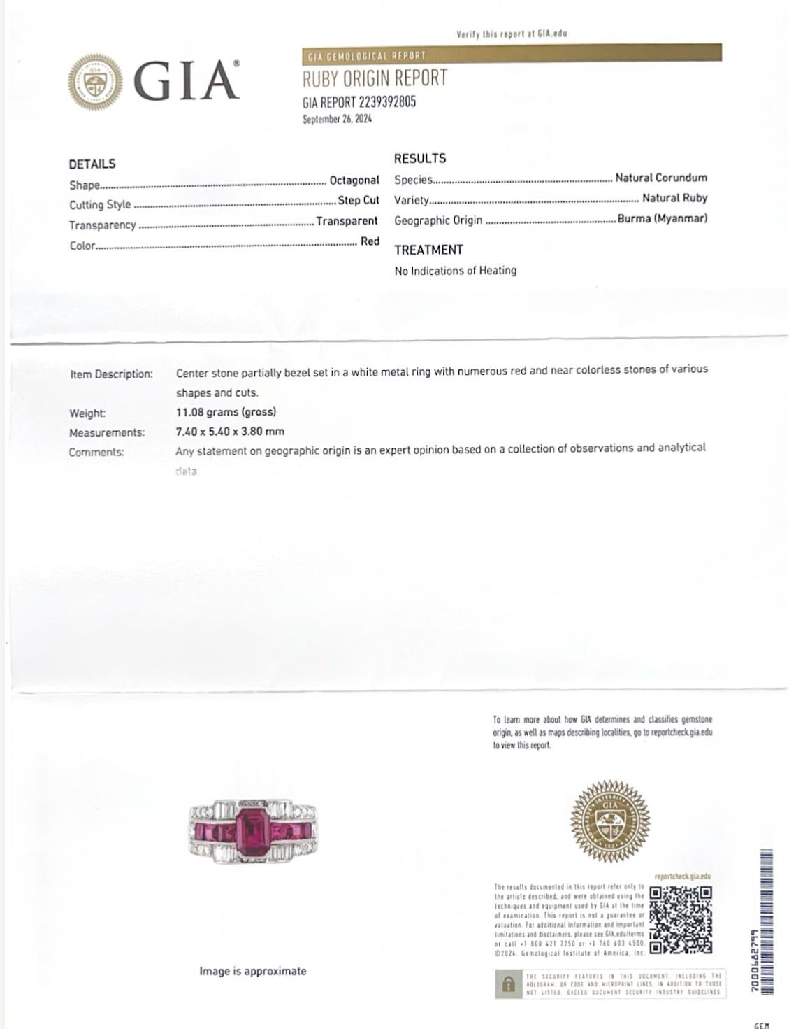 1930 Art Deco birmanischen Rubin und Diamant-Ring in Platin, GIA zertifiziert. im Angebot 2