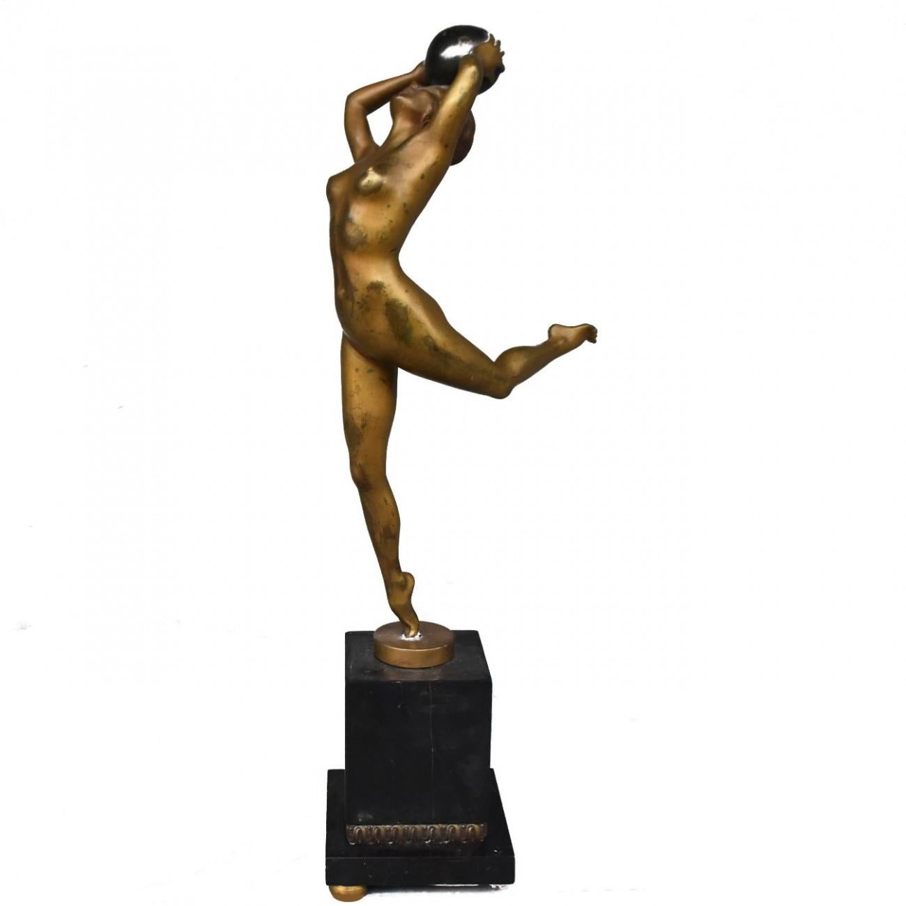 French 1930 Art Deco Dancer with a Ball Bronze Gilded Patina