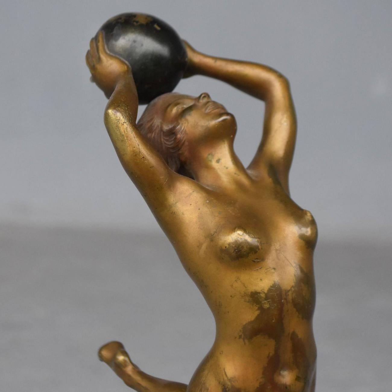 Cast 1930 Art Deco Dancer with a Ball Bronze Gilded Patina