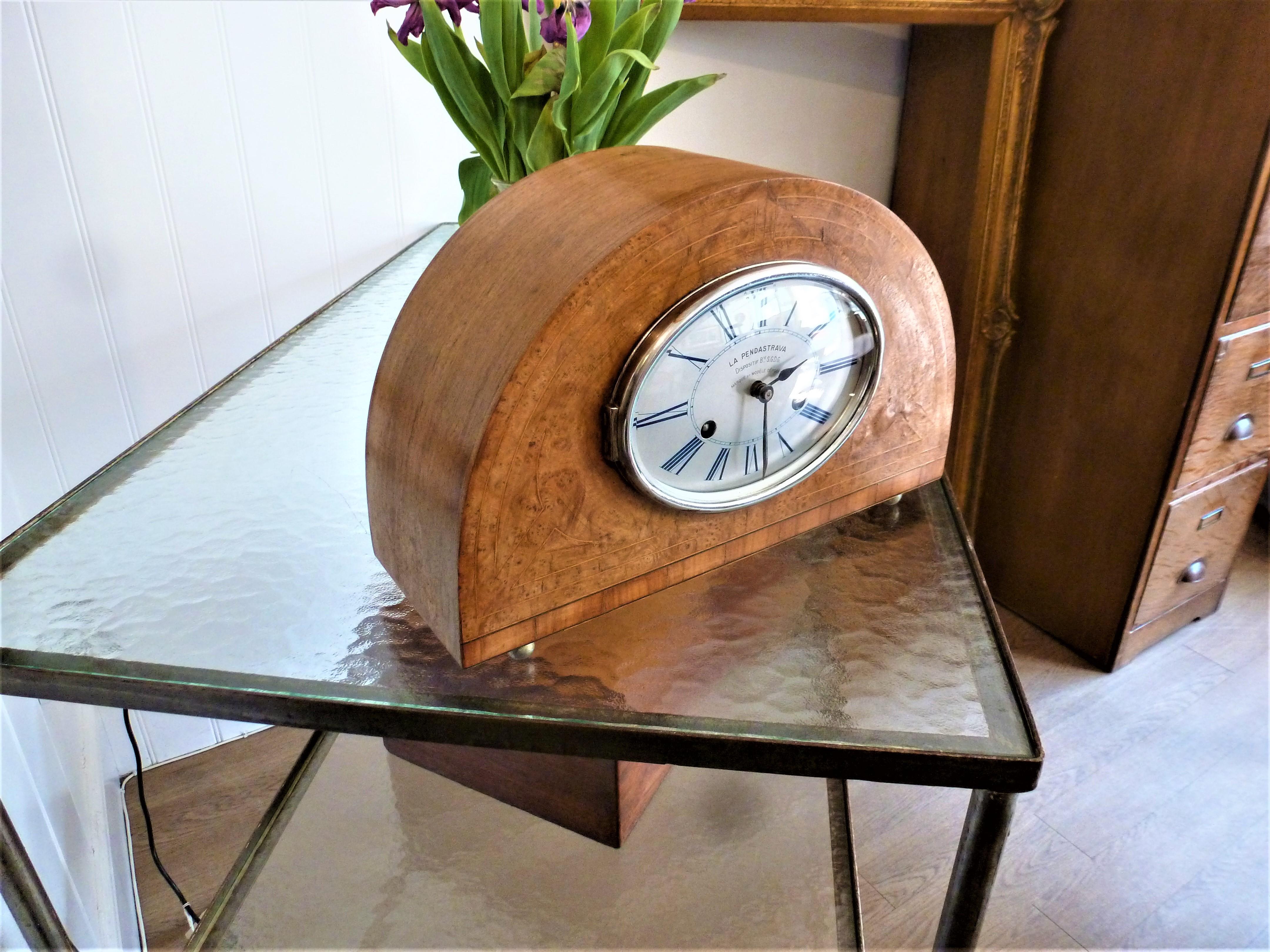 1930 Art Deco Dome French Mantel Table Desk Clock Thuya Burr Lemonwood Rosewood For Sale 4